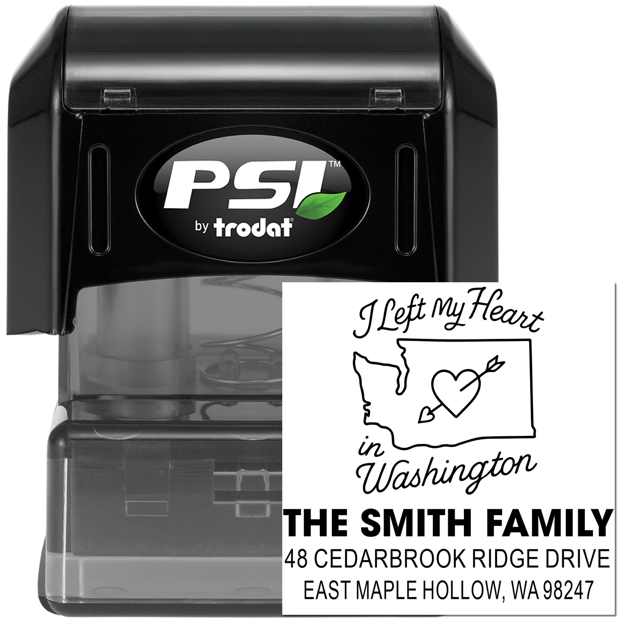 PSI by Trodat self-inking stamp with custom imprint card reading I Left My Heart in Washington, featuring heart map, family name and address.
