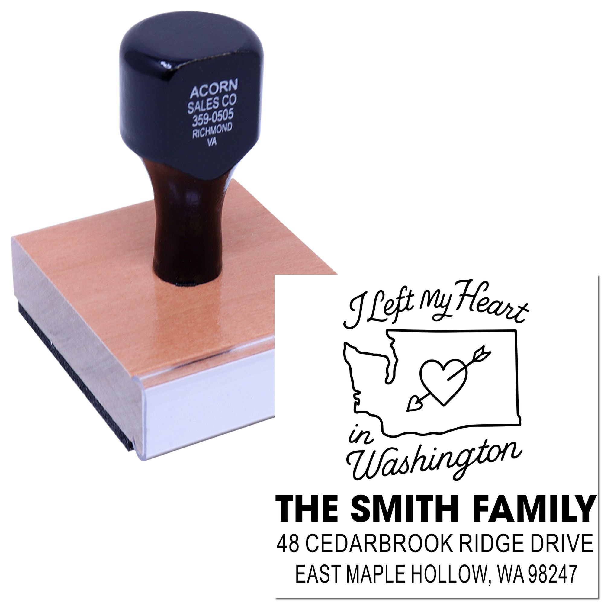 Custom rubber stamp with wooden handle on white background, showing I Left My Heart in Washington design and Smith family return address imprint.