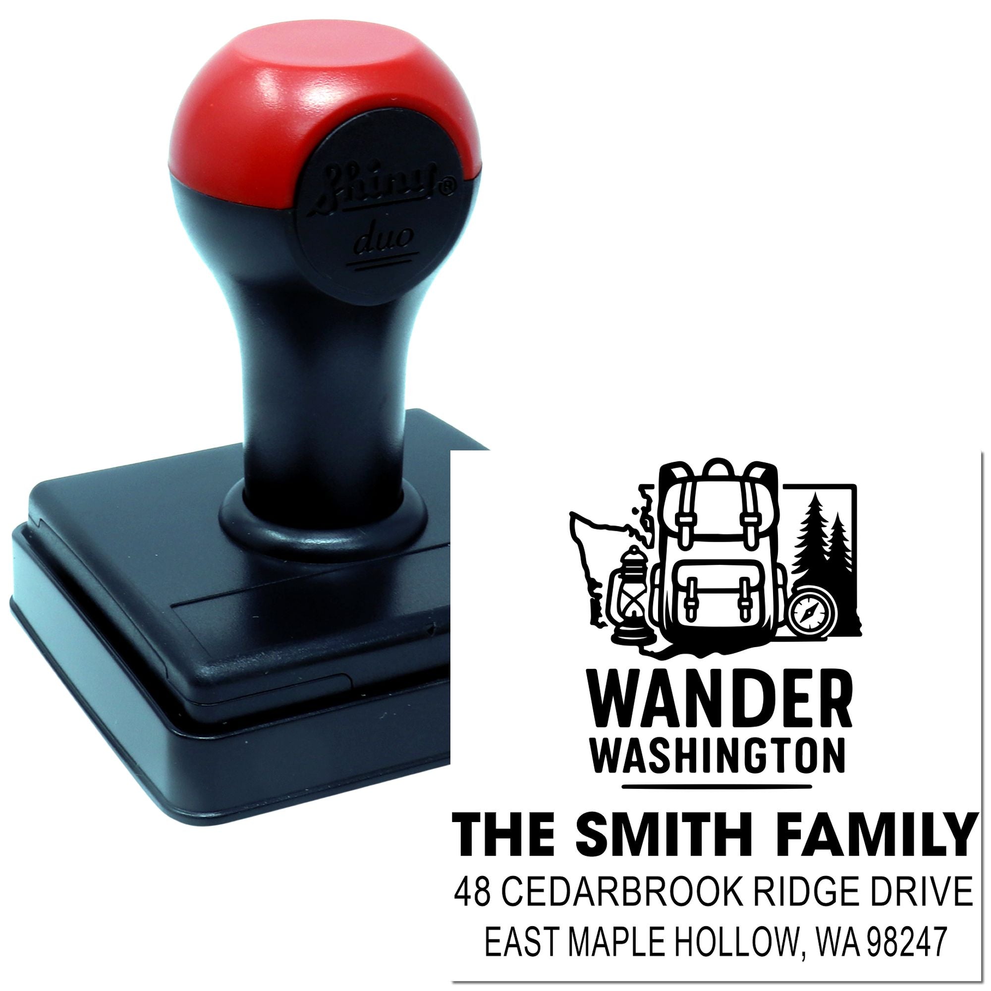 Custom self-inking stamp featuring a backpack Wander Washington logo, The Smith Family name, and address on a white background.