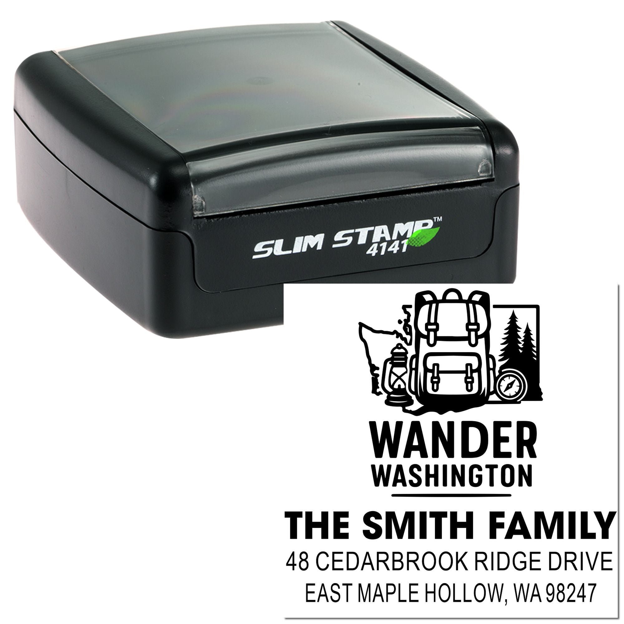 Self-inking slim stamp with custom Wander Washington design, backpack, map, trees, lantern and compass, plus family name and address on white background.