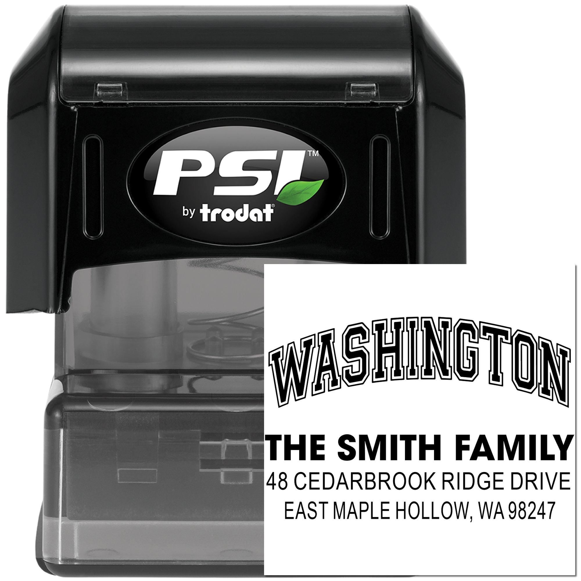 PSI by Trodat self-inking address stamp with Washington family name and return address imprint for custom mailing labels