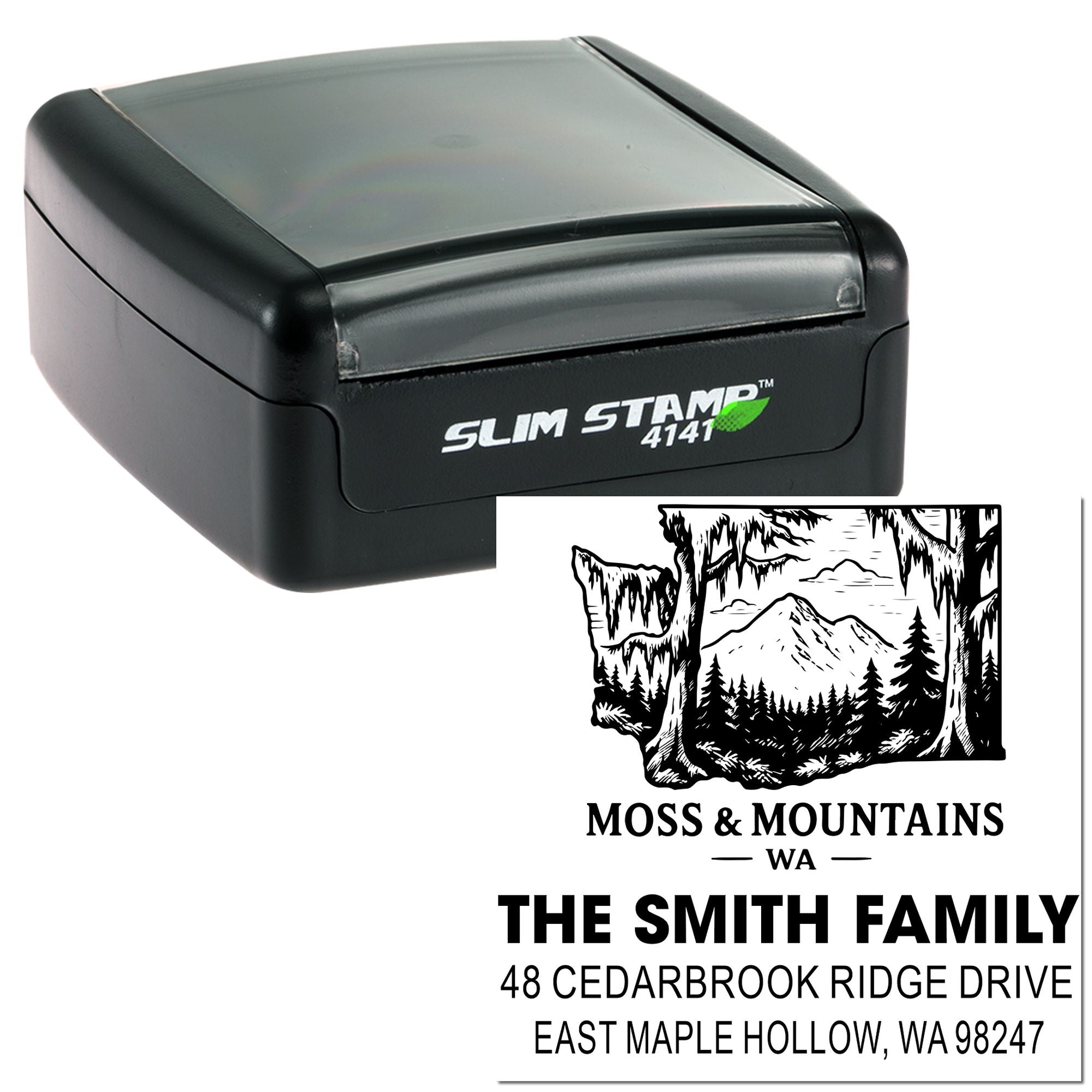 Self-inking Slim Stamp 4141 with custom return address imprint, mountain forest graphic, and The Smith Family address in Moss & Mountains, WA.