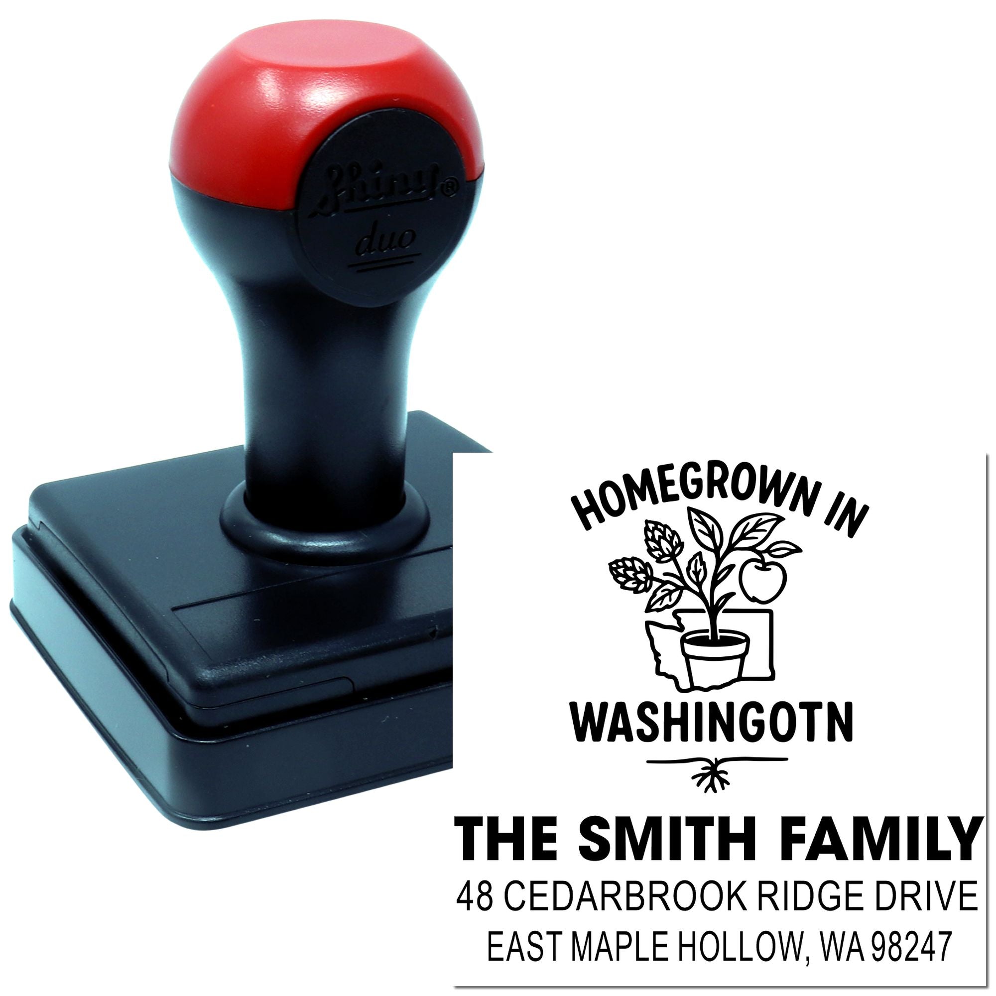 Self-inking rubber address stamp with Homegrown in Washington plant logo, family name and address, shown with black-and-red stamp base.