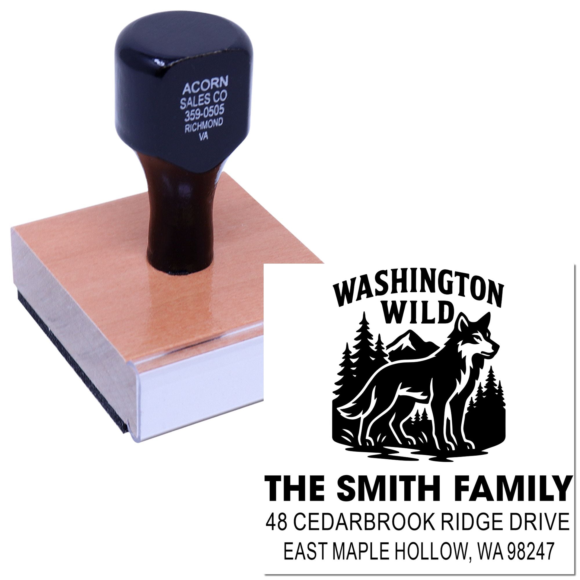 Custom rubber address stamp with wooden handle, featuring Washington Wild wolf design and Smith family address on a white background.