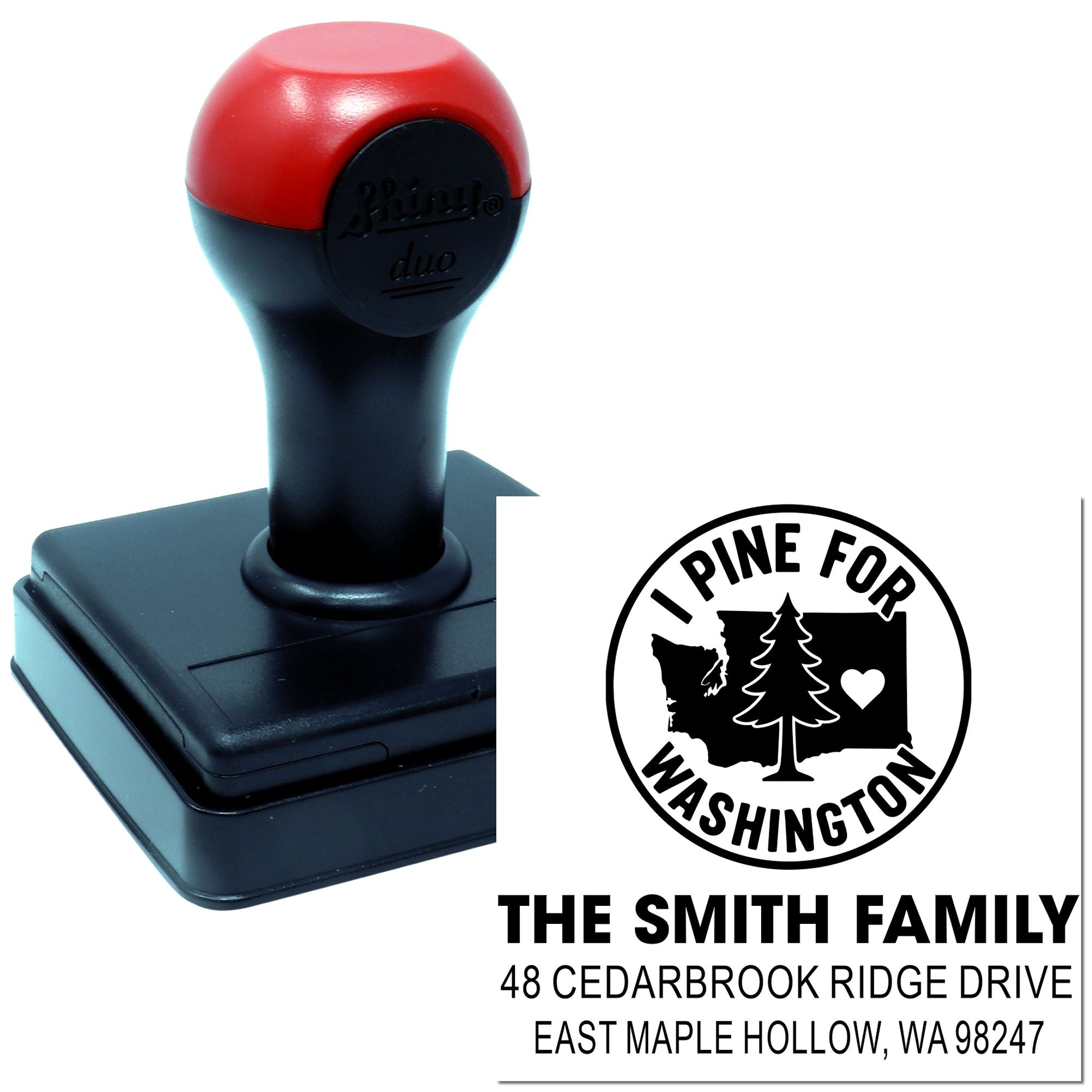 Personalized self-inking address stamp with red-and-black handle, I Pine for Washington tree design, and Smith family name on white background.