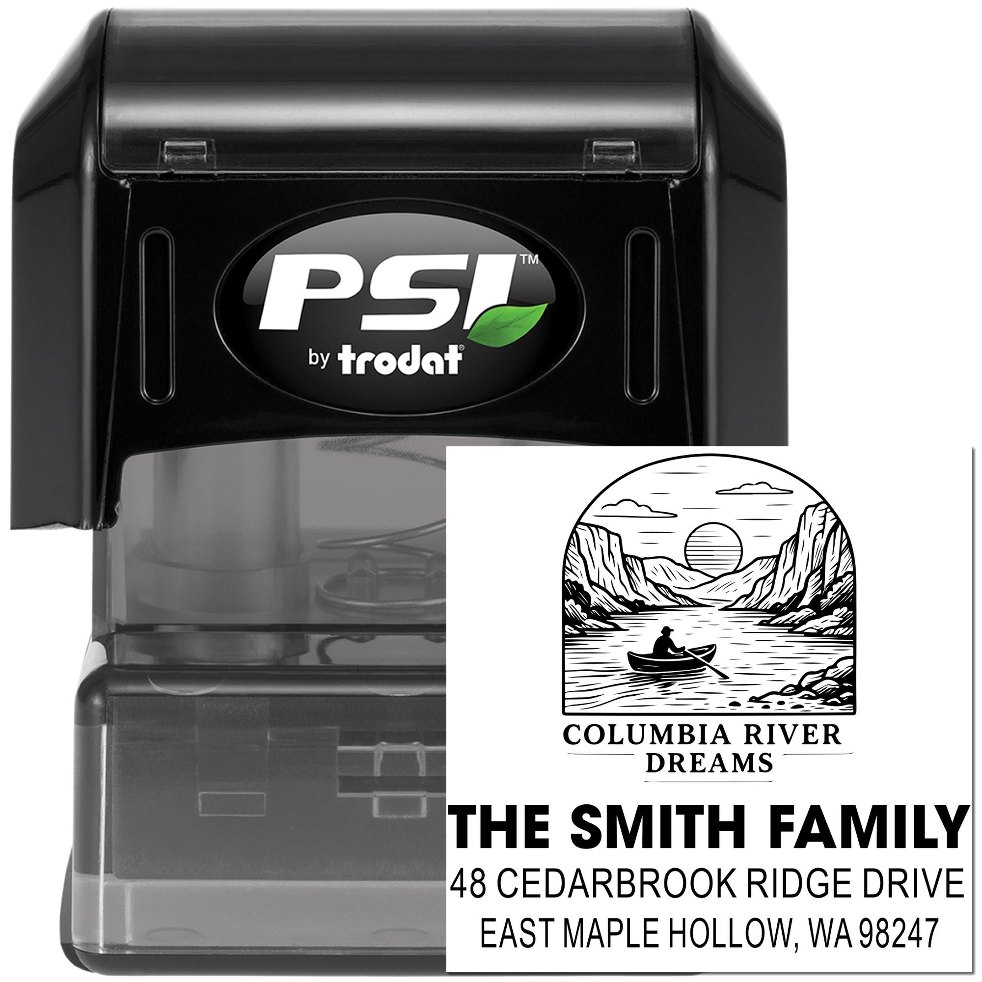 PSI by Trodat self-inking custom address stamp with Columbia River Dreams canoe logo for The Smith Family, East Maple Hollow, WA 98247