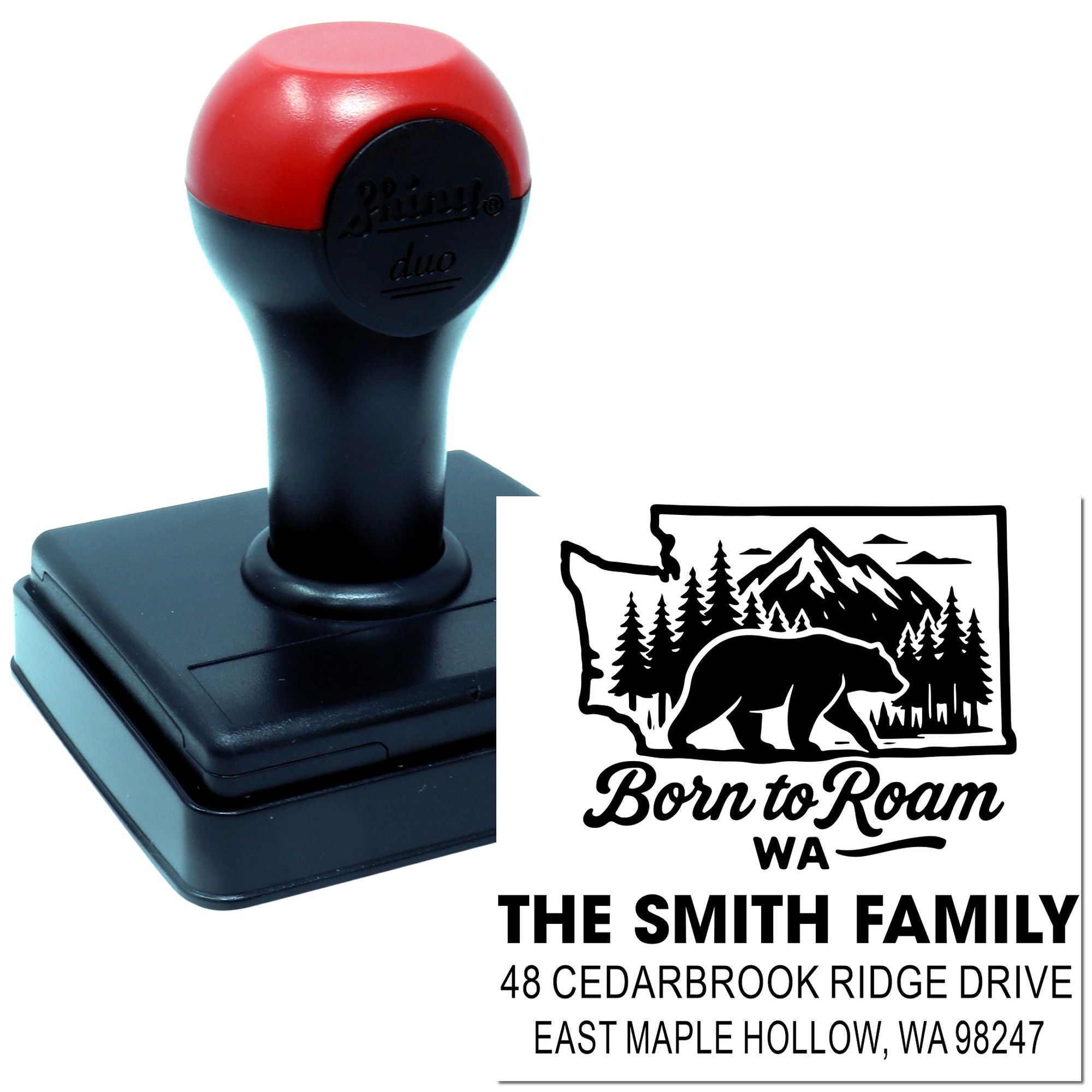Custom self-inking address stamp with bear, mountain and pine design for The Smith Family, Born to Roam, East Maple Hollow, WA.