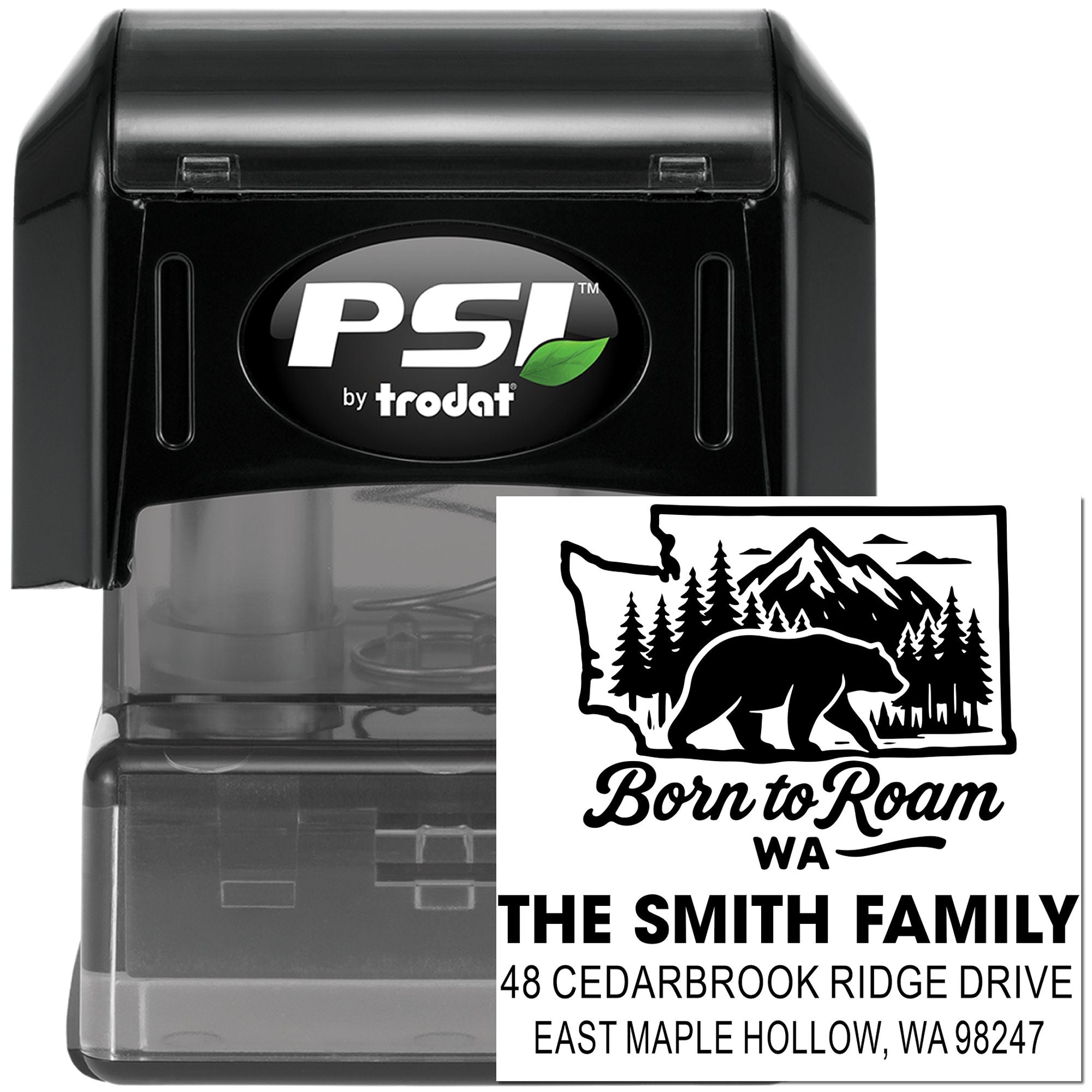 PSI by Trodat self-inking custom address stamp with bear and mountain design, personalized family name and Washington return address.