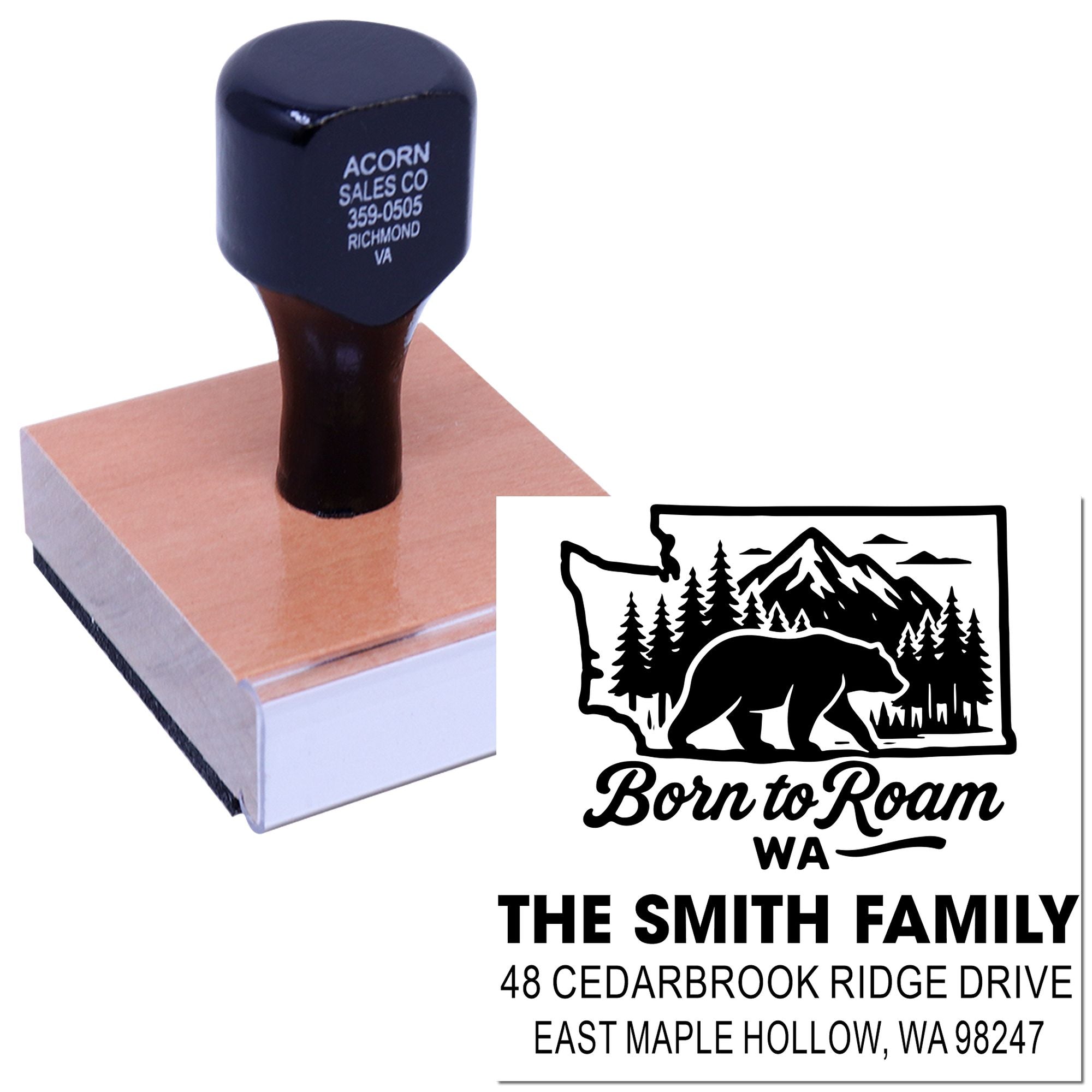 Custom self-inking address stamp on white background, with bear and Washington state design plus family name and street address.
