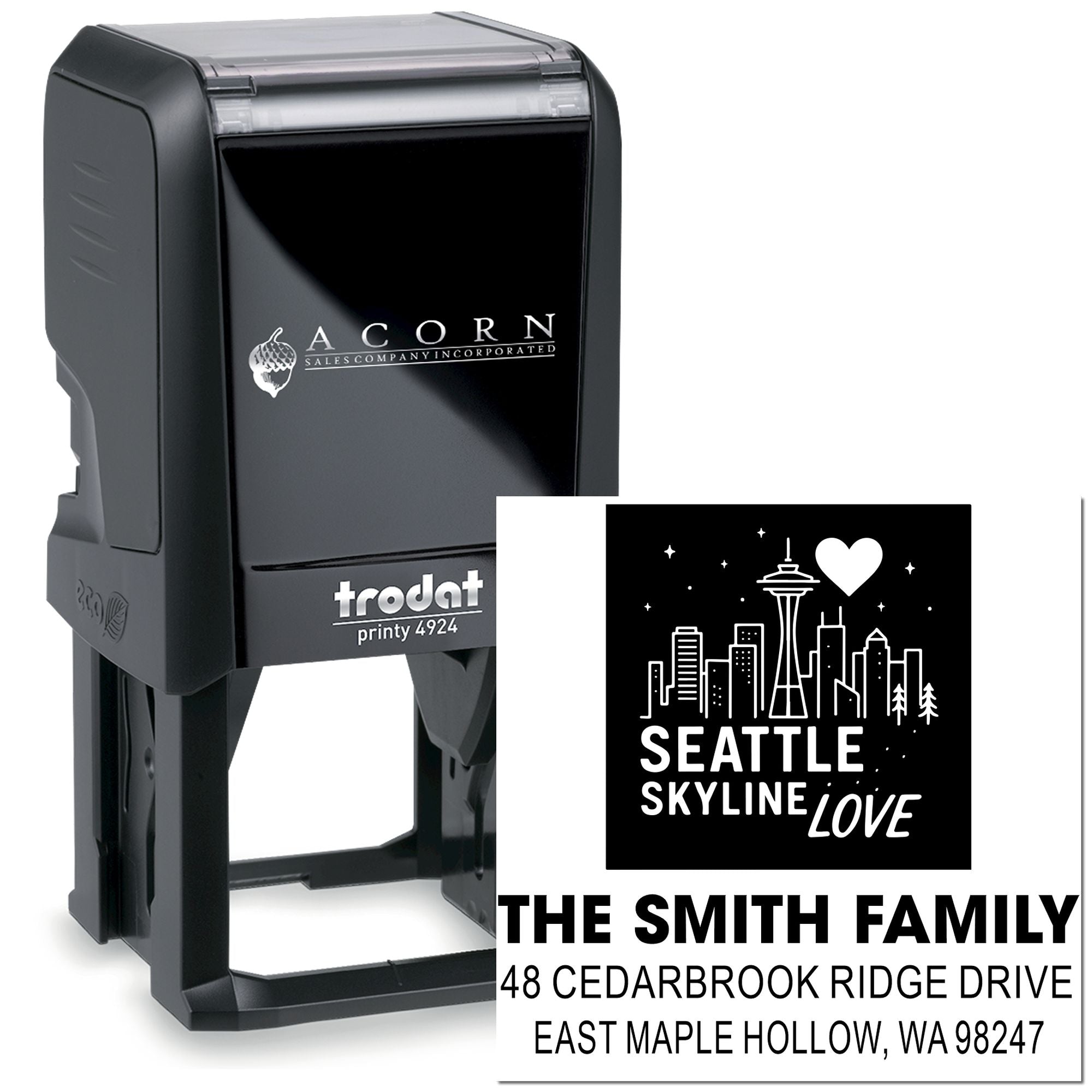 Custom self-inking address stamp with Seattle skyline design and The Smith Family address, shown on a Trodat Printy 4924 stamp on white background.