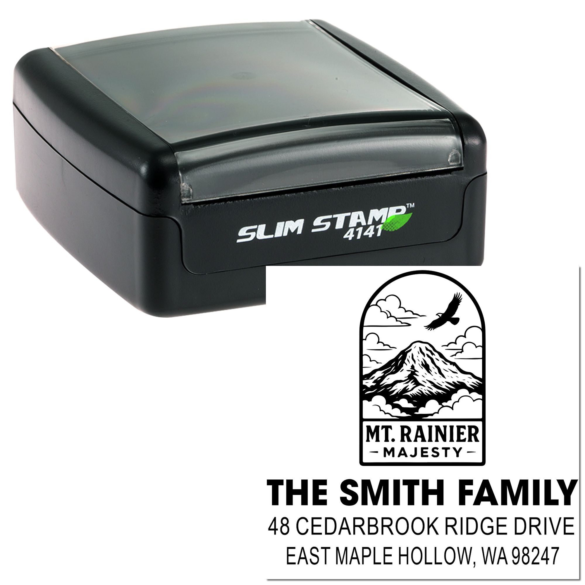 Custom Slim Stamp 4141 self-inking address stamp with Mt. Rainier design, The Smith Family name, and East Maple Hollow, WA address.