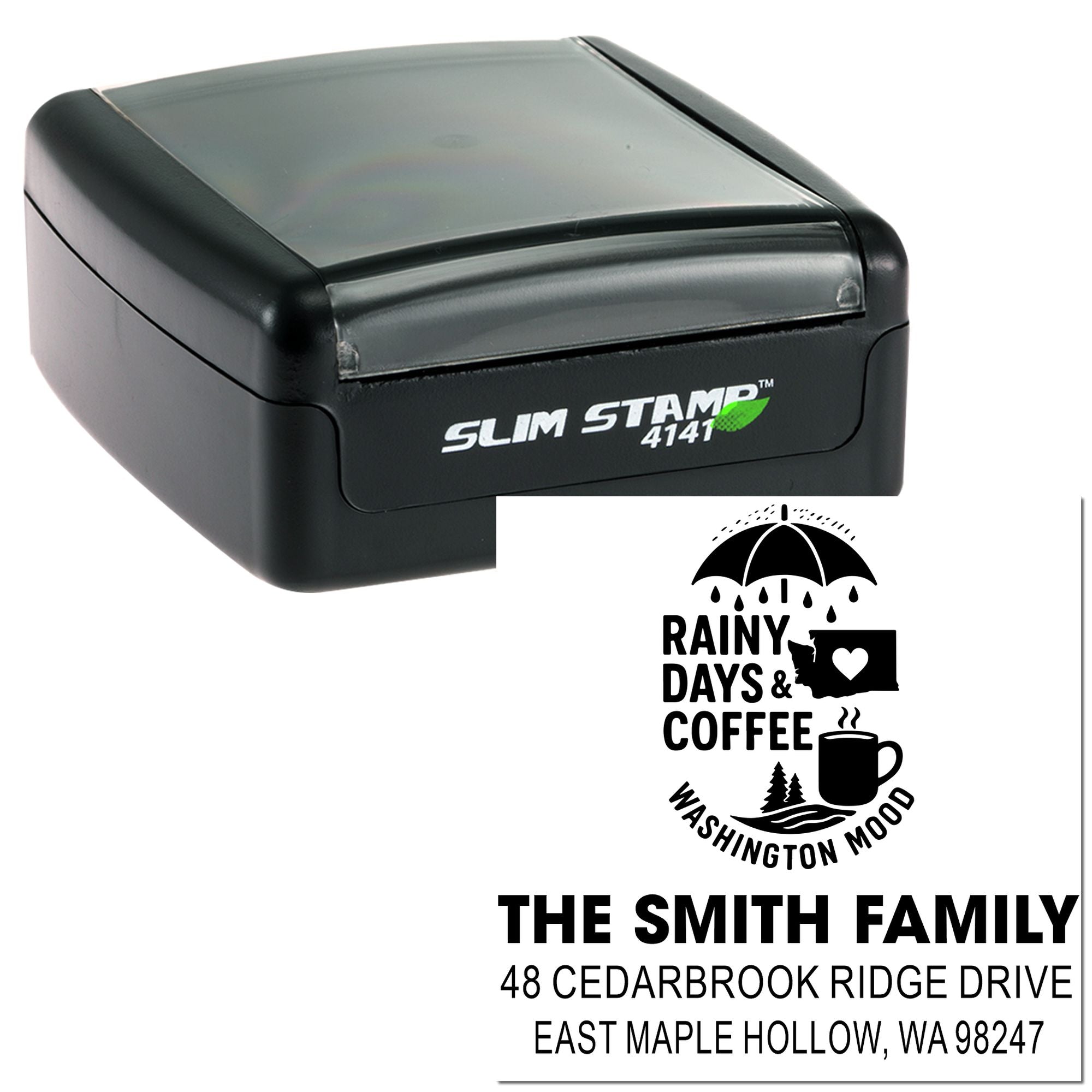 Custom Slim Stamp 4141 self-inking stamp with rainy days coffee Washington Mood design and Smith family address on white background.