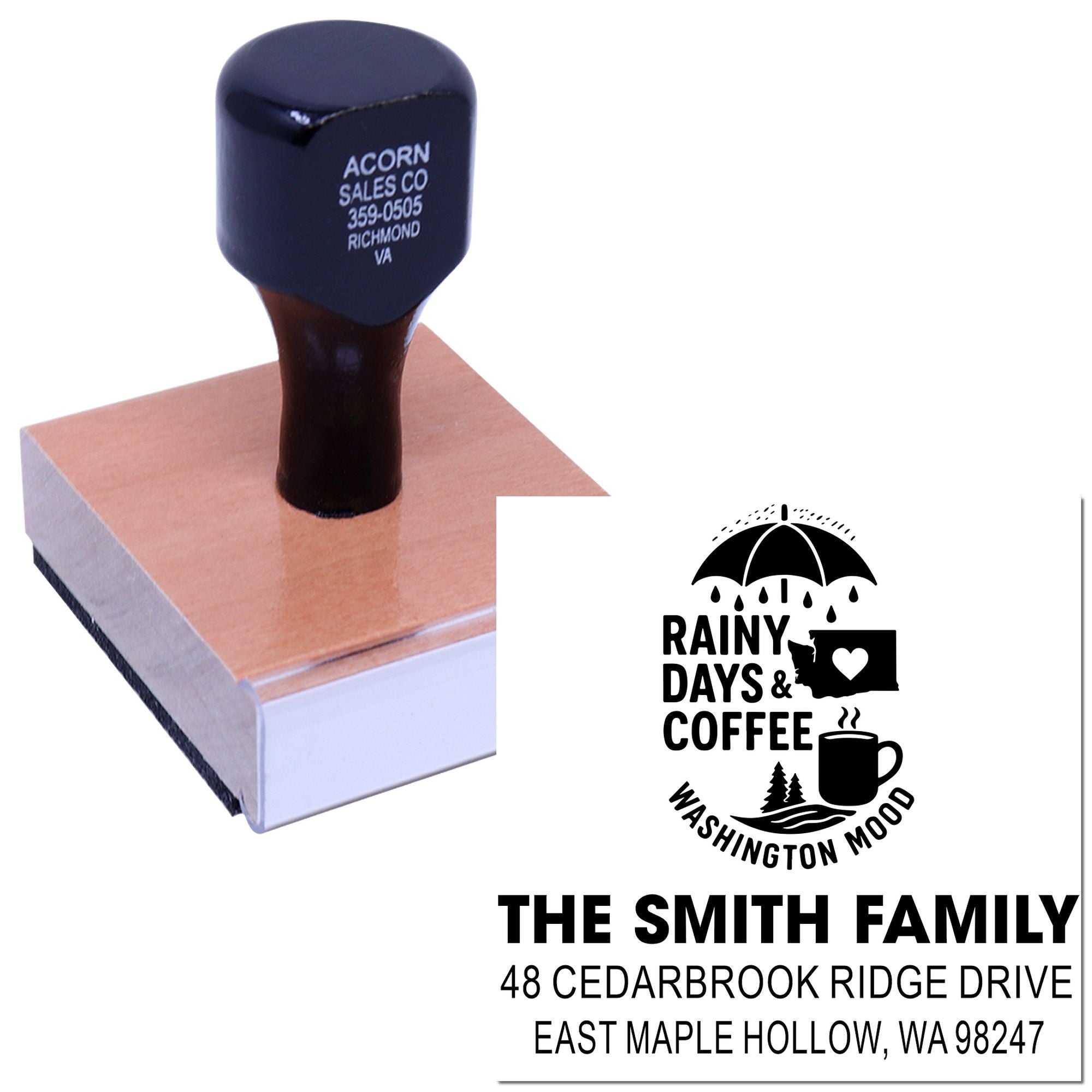 Custom rubber address stamp with wooden handle on white background, featuring The Smith Family Washington Mood design and mailing address.