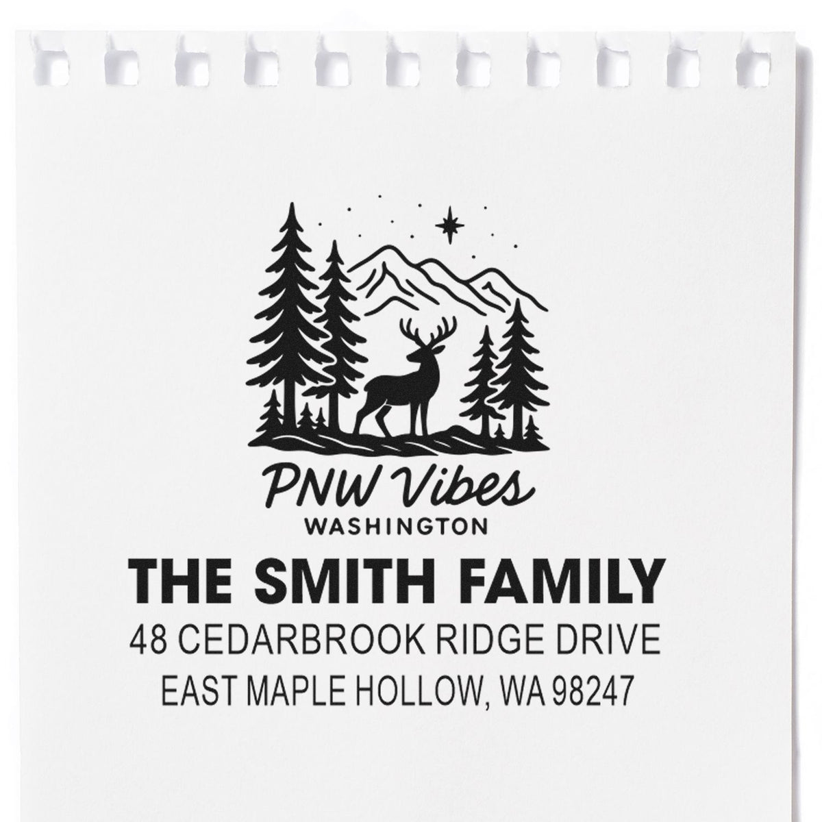 Custom address stamp for The Smith Family with PNW Vibes Washington deer, pine trees, mountains and East Maple Hollow, WA address.