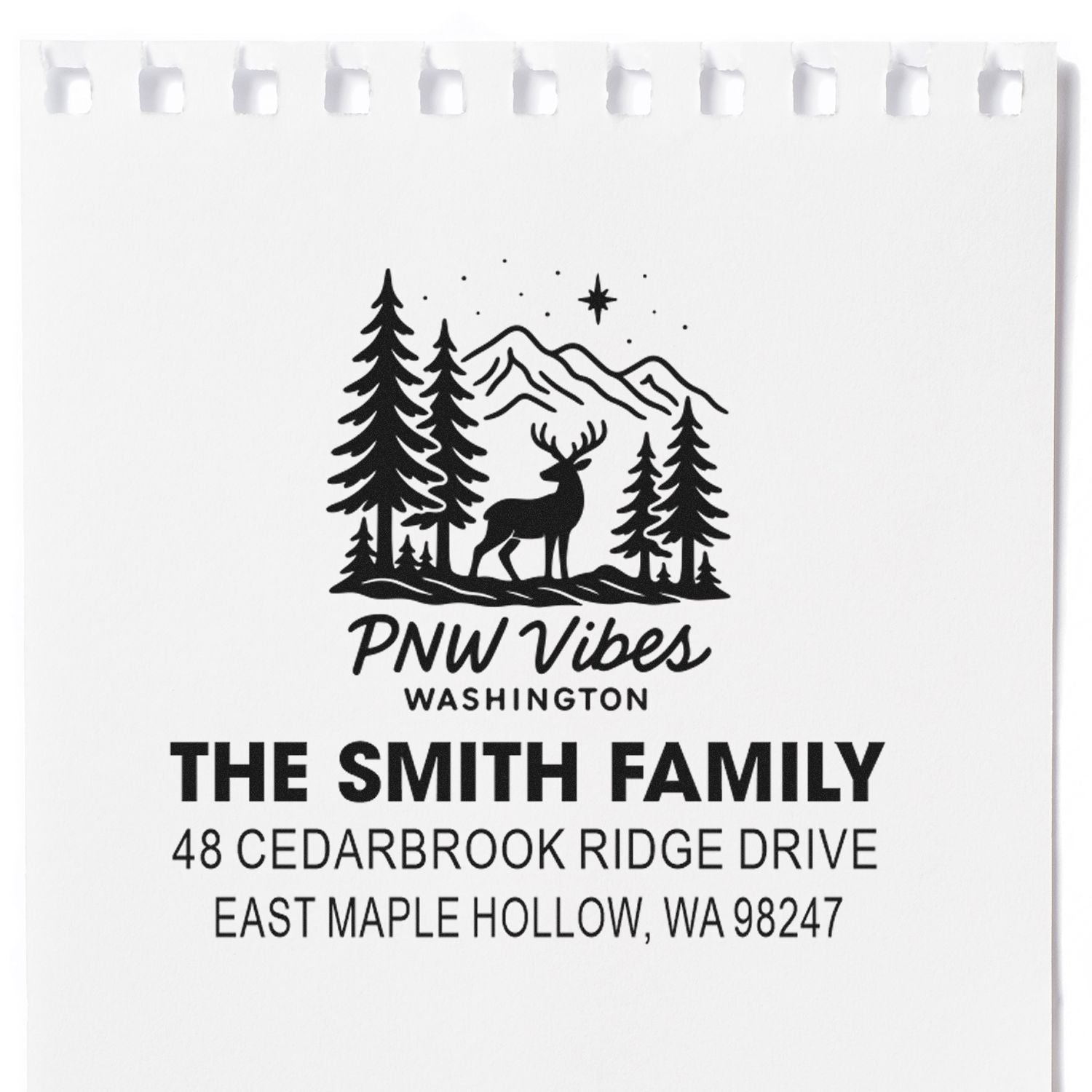 Custom address stamp with PNW Vibes Washington deer, pine trees and mountains for The Smith Family, East Maple Hollow.