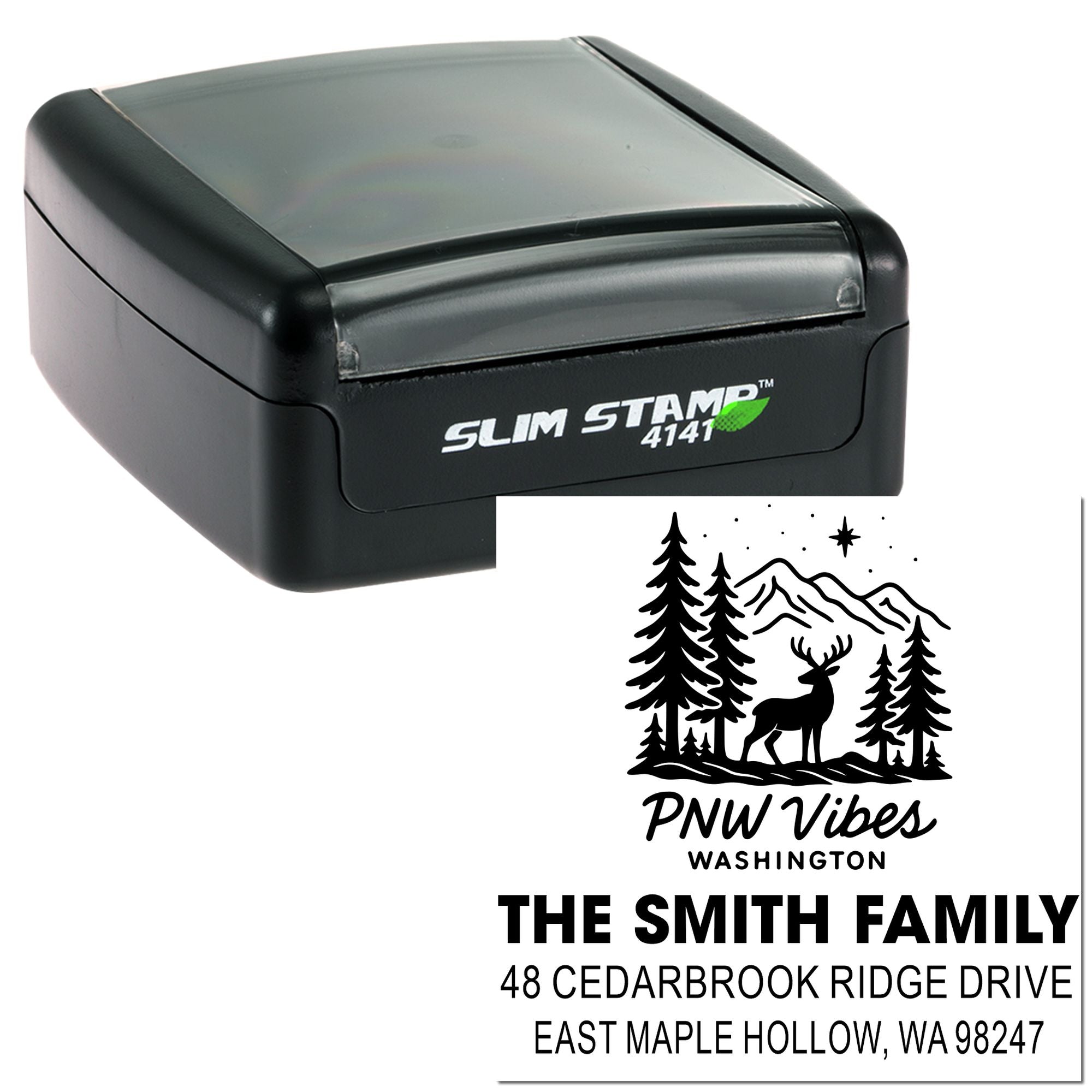 Slim self-inking stamp with custom PNW Vibes design, deer and mountain scene, plus The Smith Family name and Washington address.