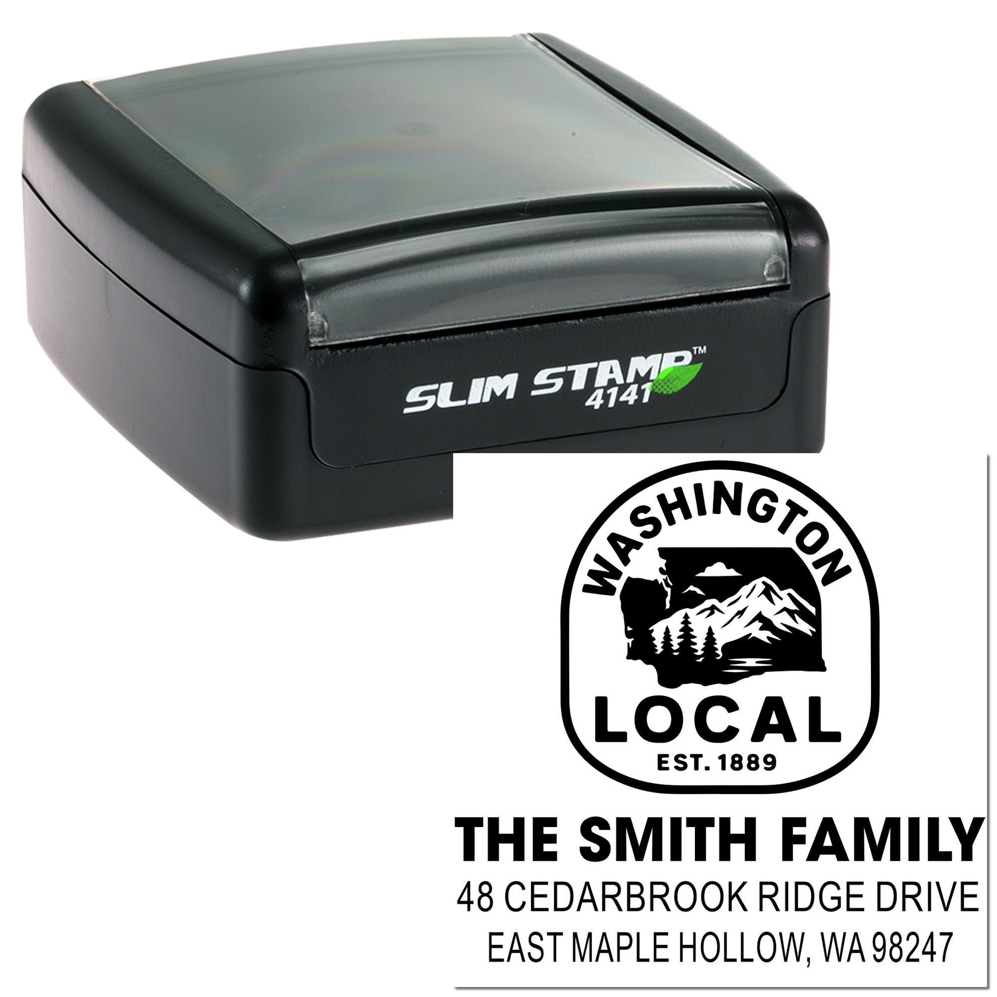 Slim self-inking address stamp with Washington Local logo, family name, and custom address imprint on a white product mockup.