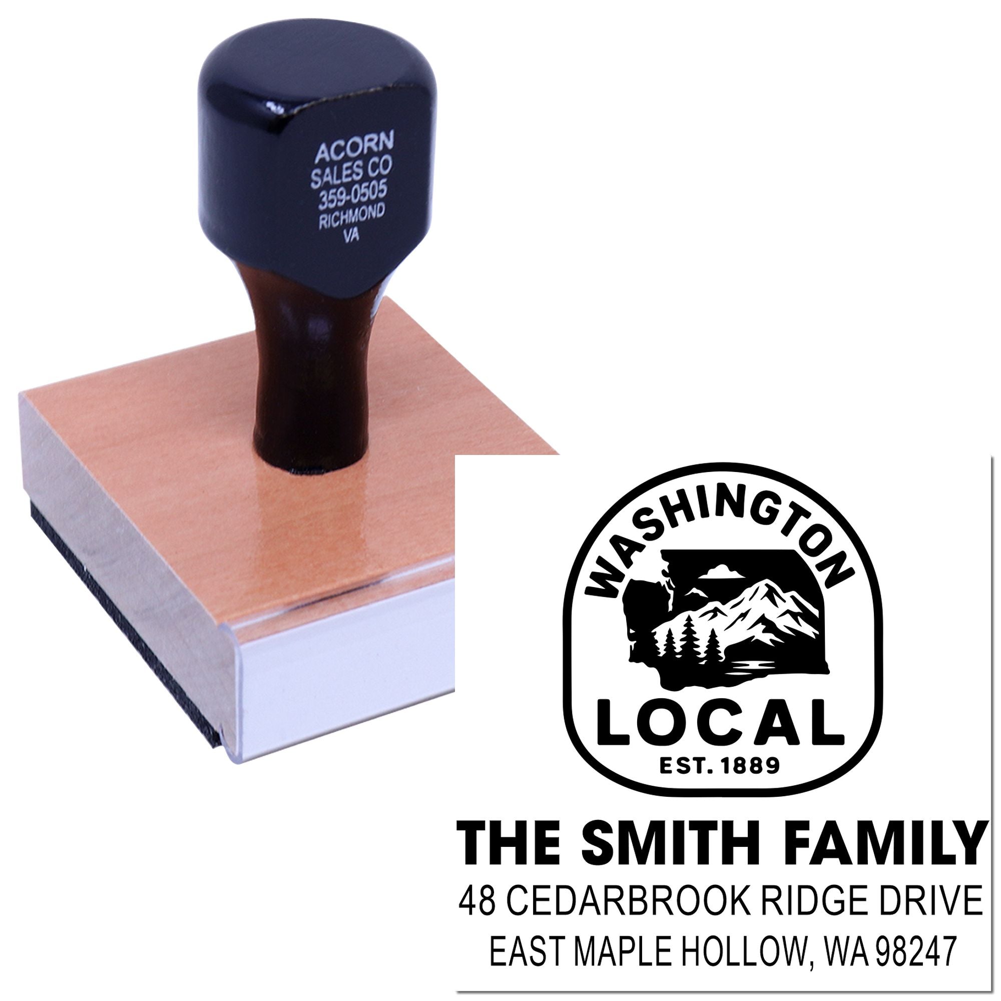 Custom rubber address stamp on a wooden block with Washington State logo and The Smith Family imprint, shown on a white background.