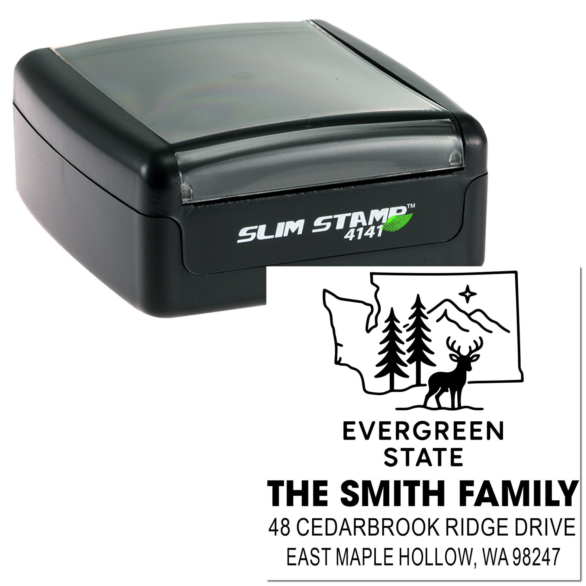 Slim self-inking custom address stamp with Washington Evergreen State design, deer, trees, mountains, family name, and address.