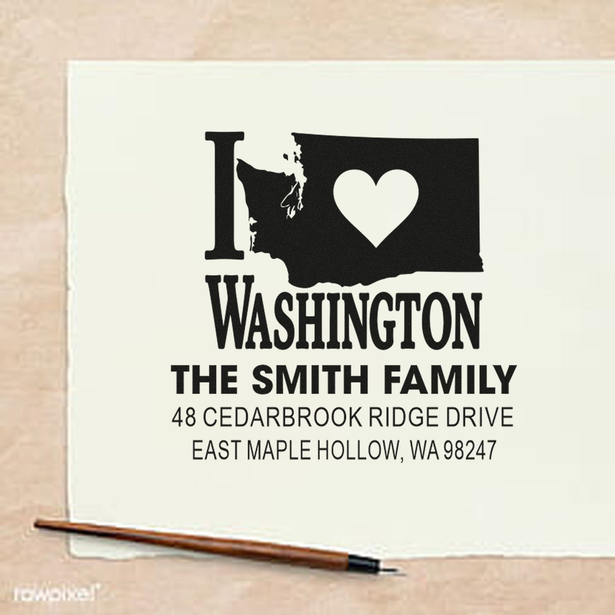 Personalized Washington rubber stamp with heart state design for The Smith Family, featuring East Maple Hollow address on white paper.