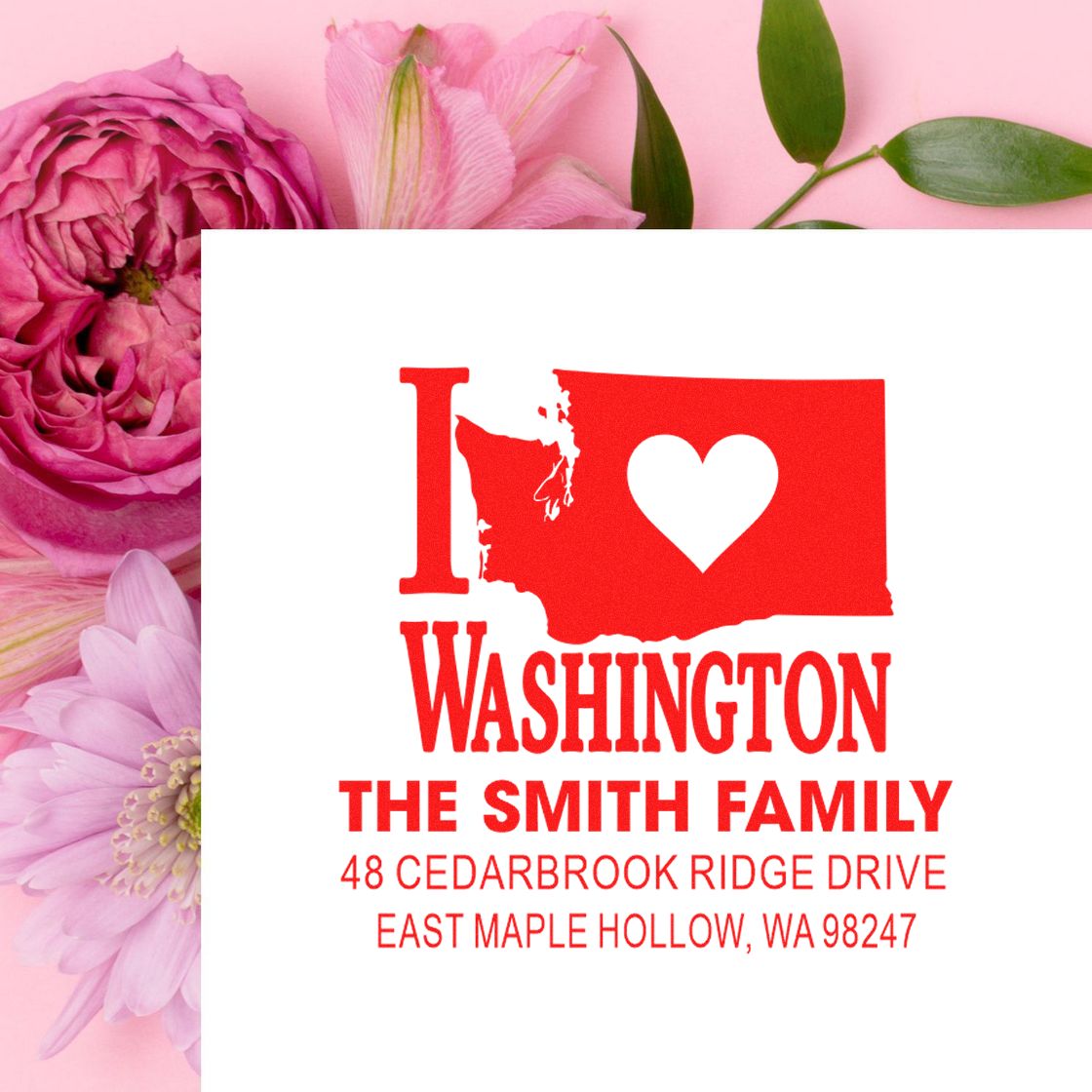 Custom Washington address stamp with I ?? Washington design and Smith family address on a pink floral background.
