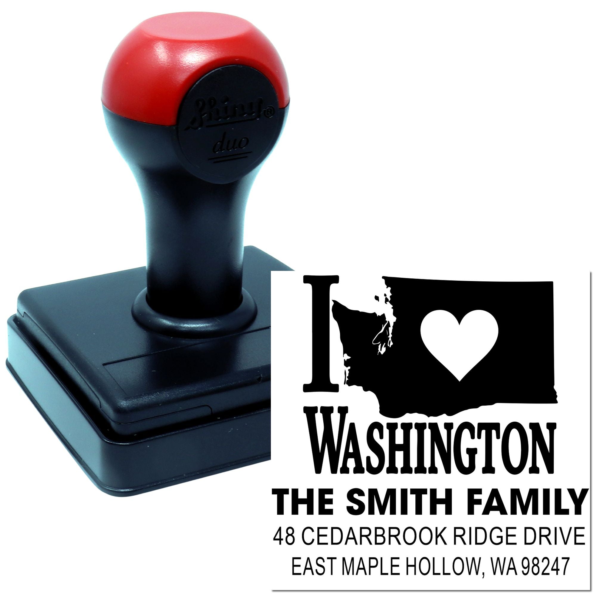 Self-inking custom address stamp with I ? Washington design, showing The Smith Family return address imprint on a white background.