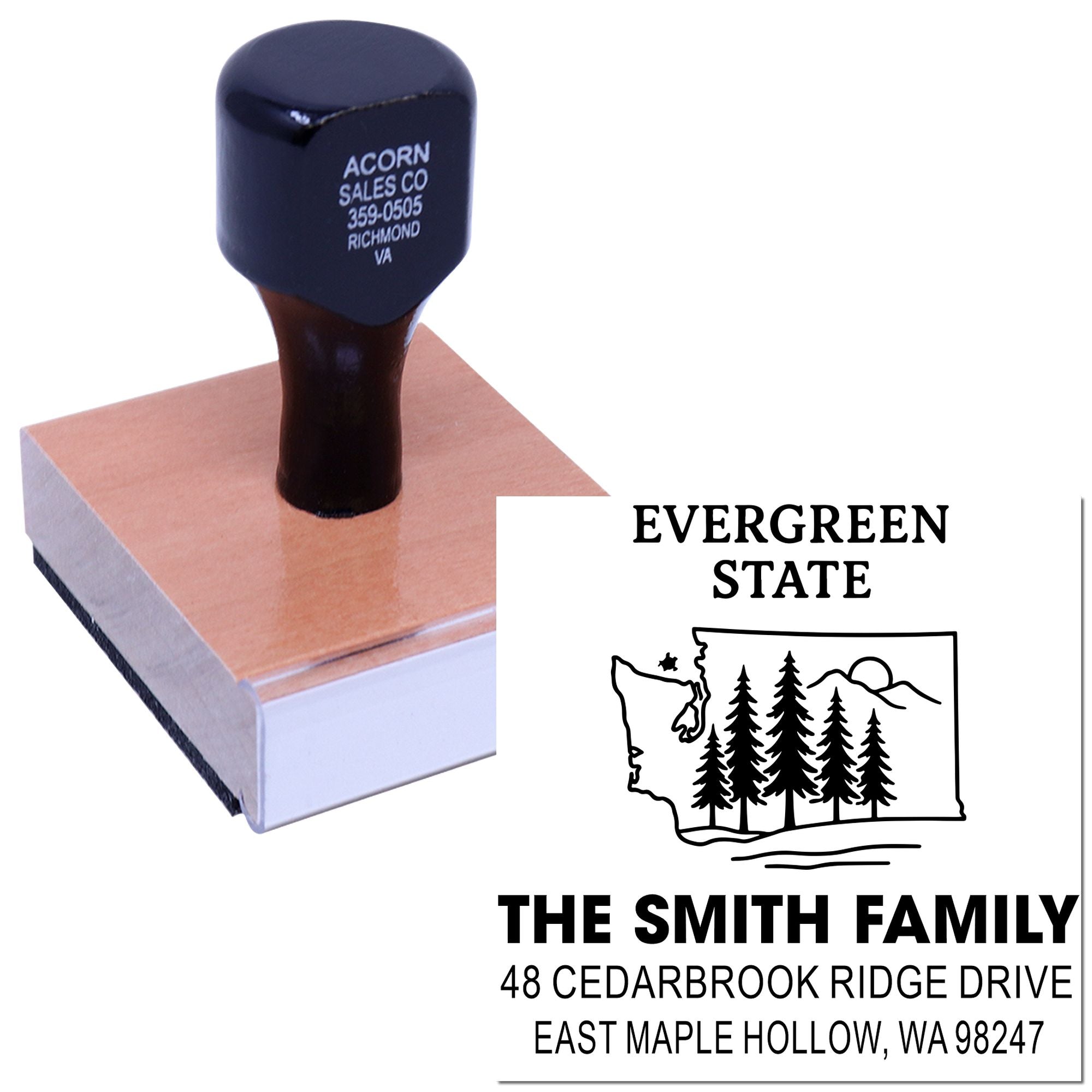 Custom address stamp with Evergreen State design, family name and Washington address, shown on a wooden stamp block with sample imprint.
