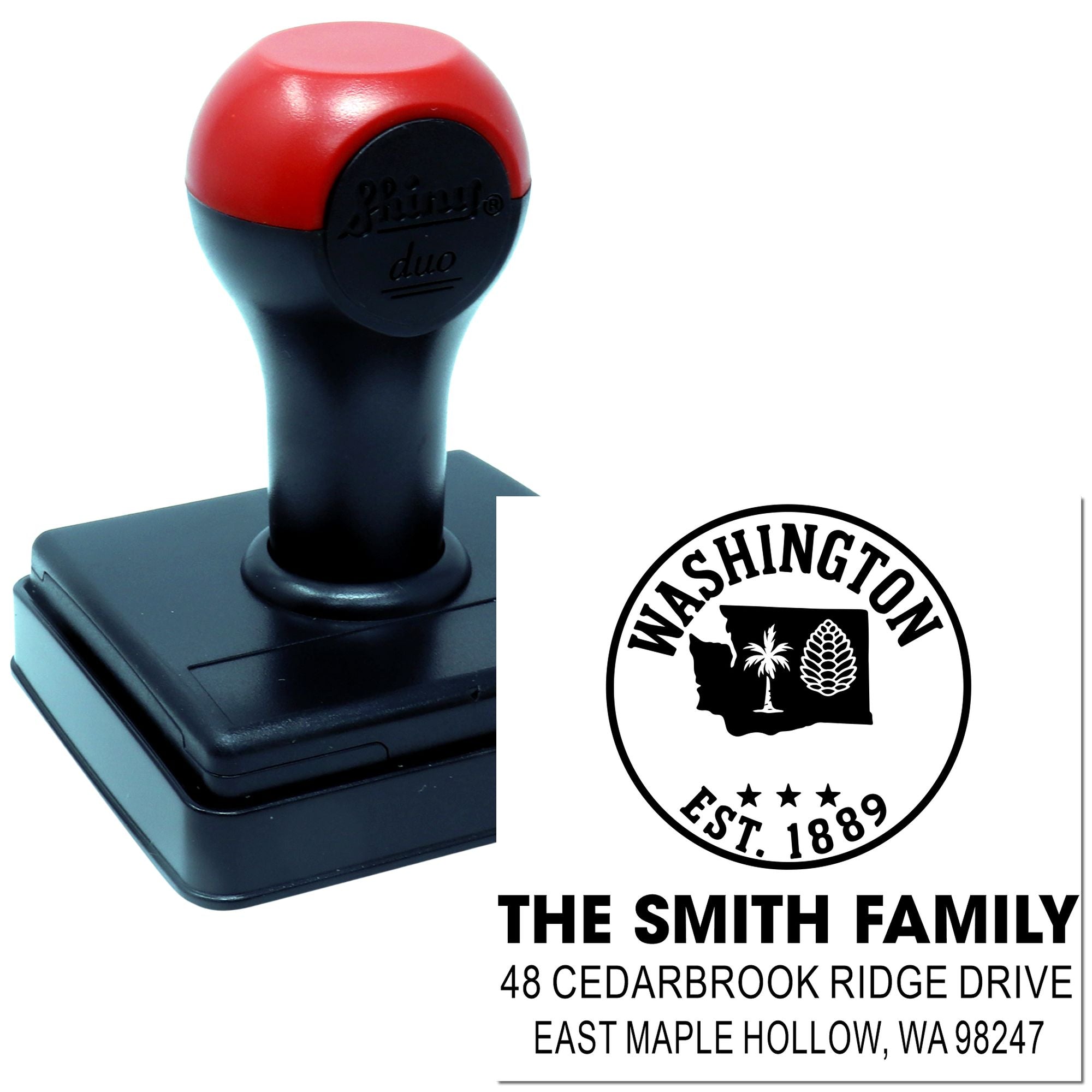 Custom self-inking address stamp with Washington family logo and The Smith Family text on a white background.