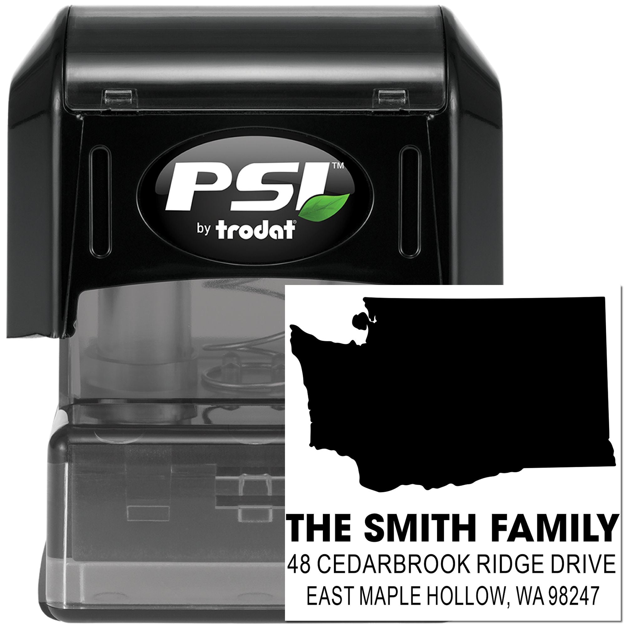 Custom PSI by Trodat self-inking address stamp with Washington state silhouette, The Smith Family return address, on white background.