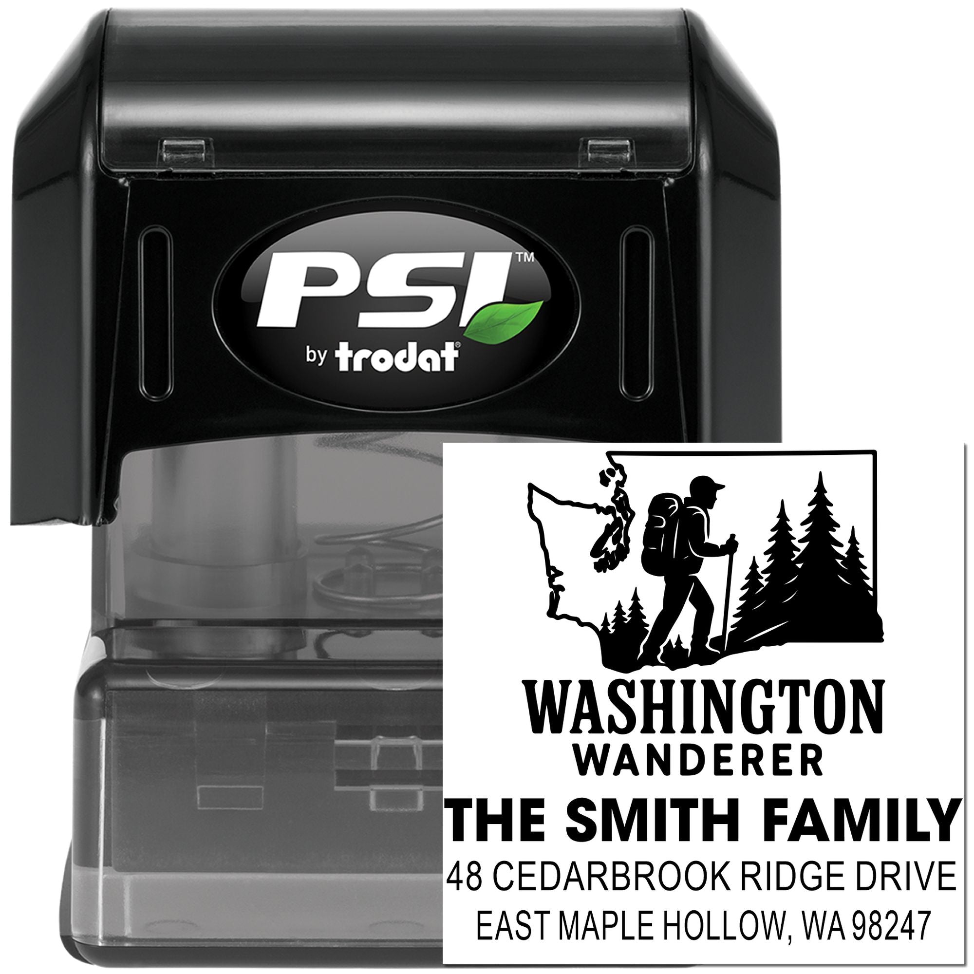 PSI by Trodat self-inking stamp with Washington Wanderer hiker design and custom family address imprint on a white background.