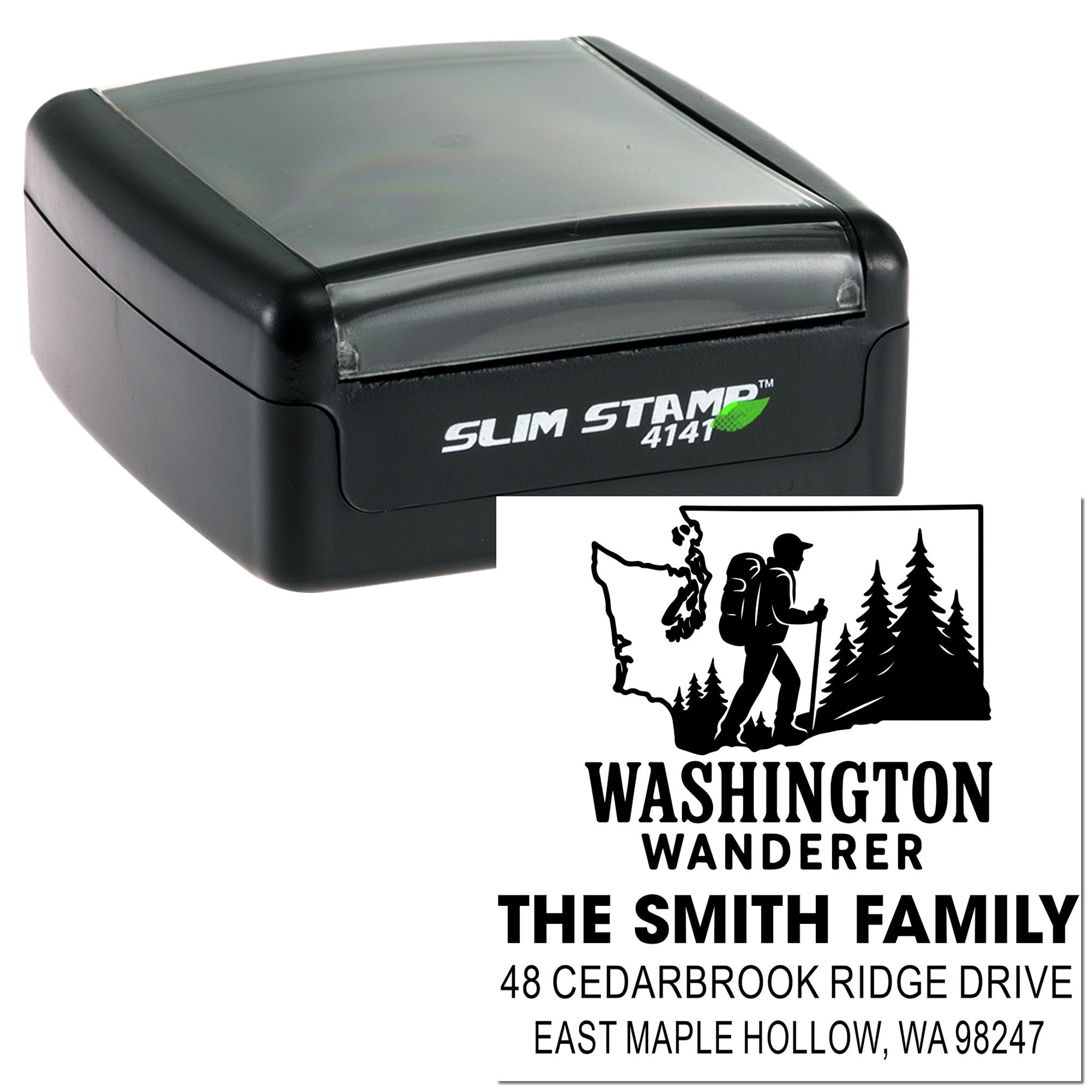 Custom self-inking hiking address stamp with hiker and pine trees, reading Washington Wanderer for The Smith Family in East Maple Hollow, WA.
