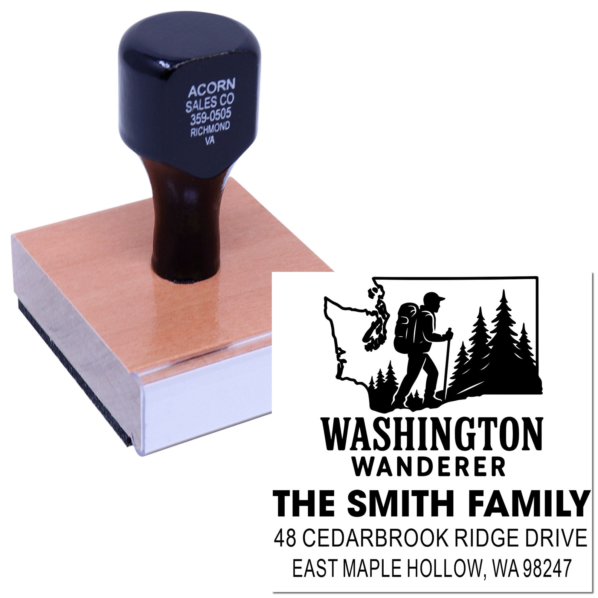 Custom self-inking address stamp with Washington Wanderer hiking design, showing The Smith Family and East Maple Hollow, WA address on a wooden block.