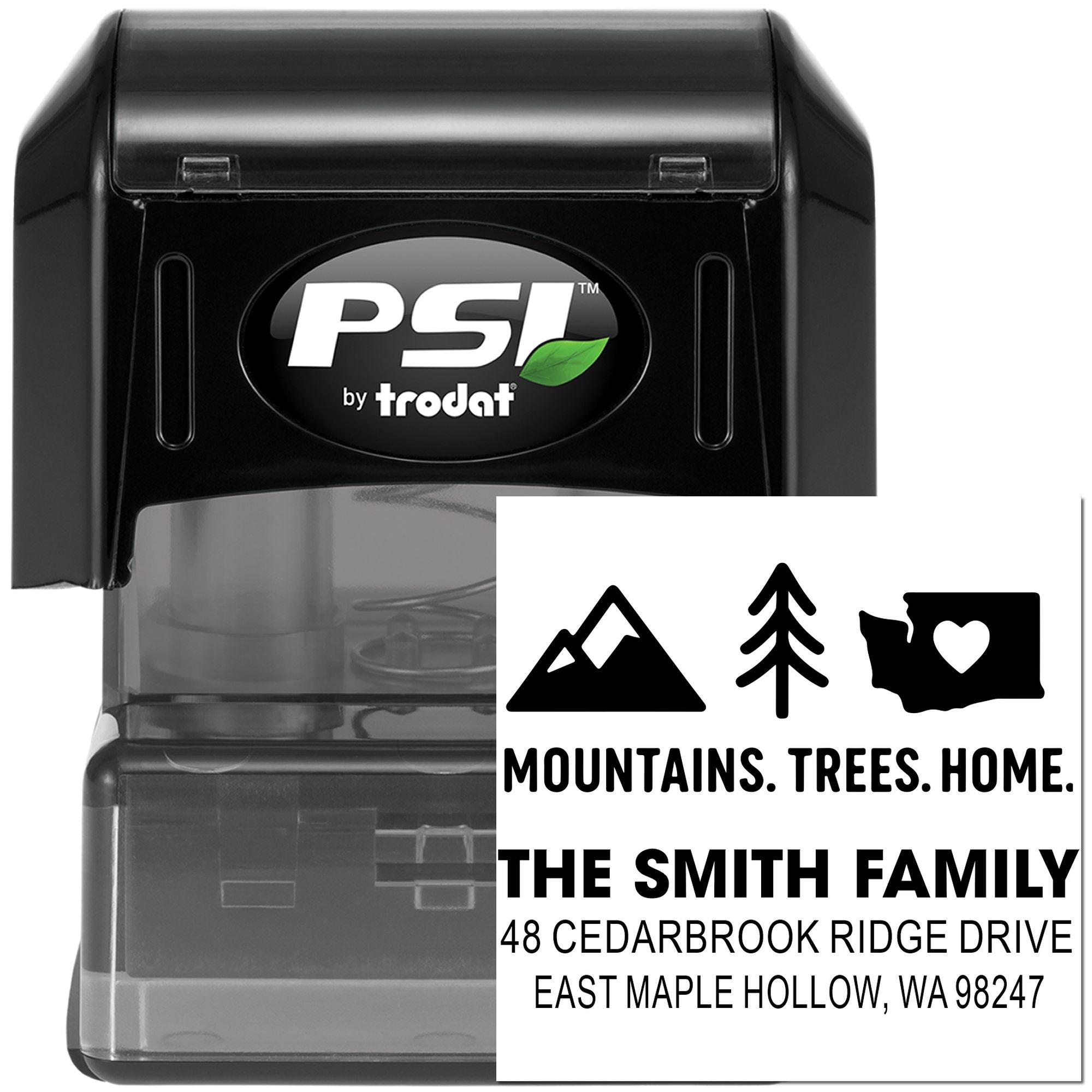 Black PSI by Trodat self-inking custom address stamp with mountains, trees and home design, showing The Smith Family name and Washington address.