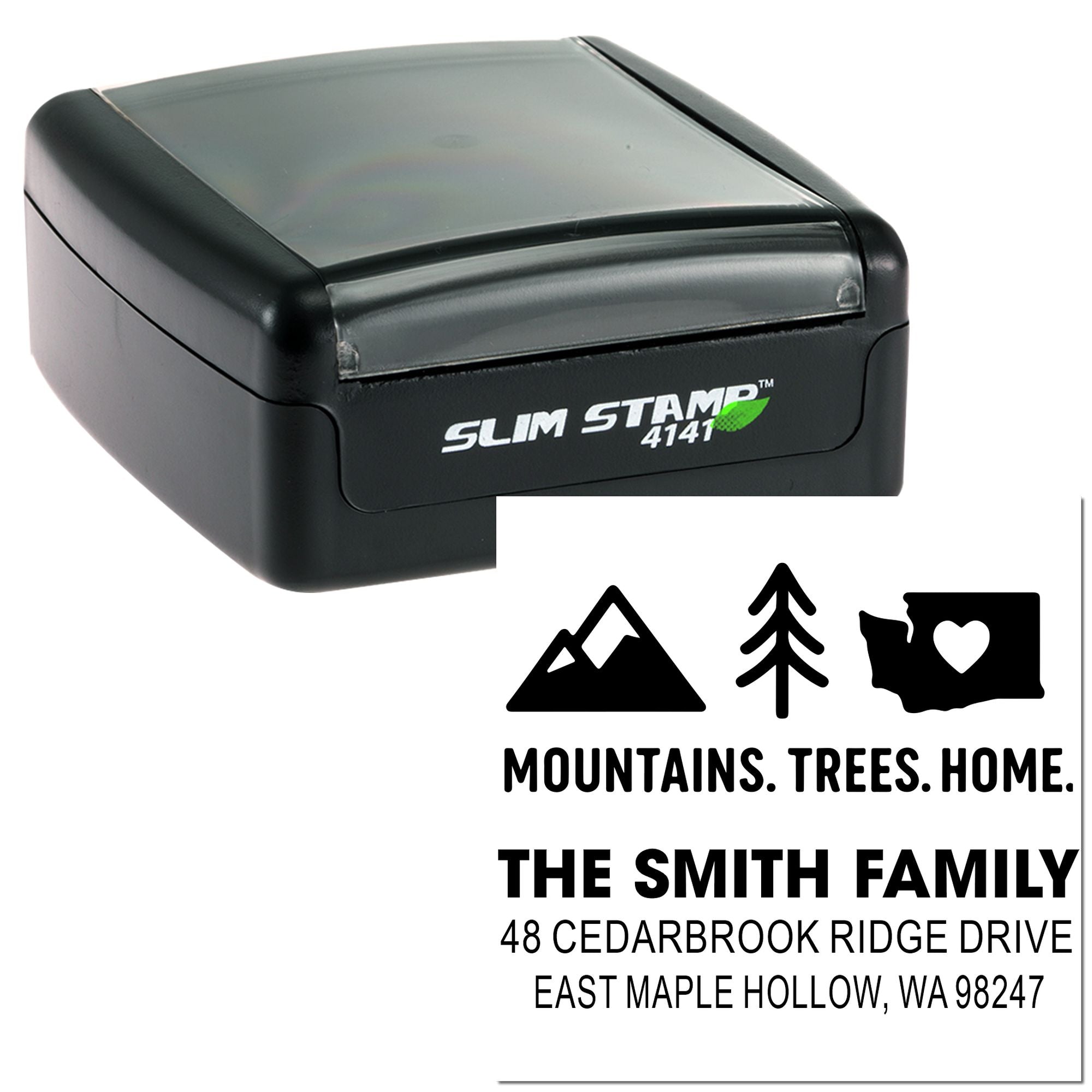 Custom Slim Stamp 4141 self-inking address stamp with mountains, trees and home icon, showing The Smith Family name and Washington address.