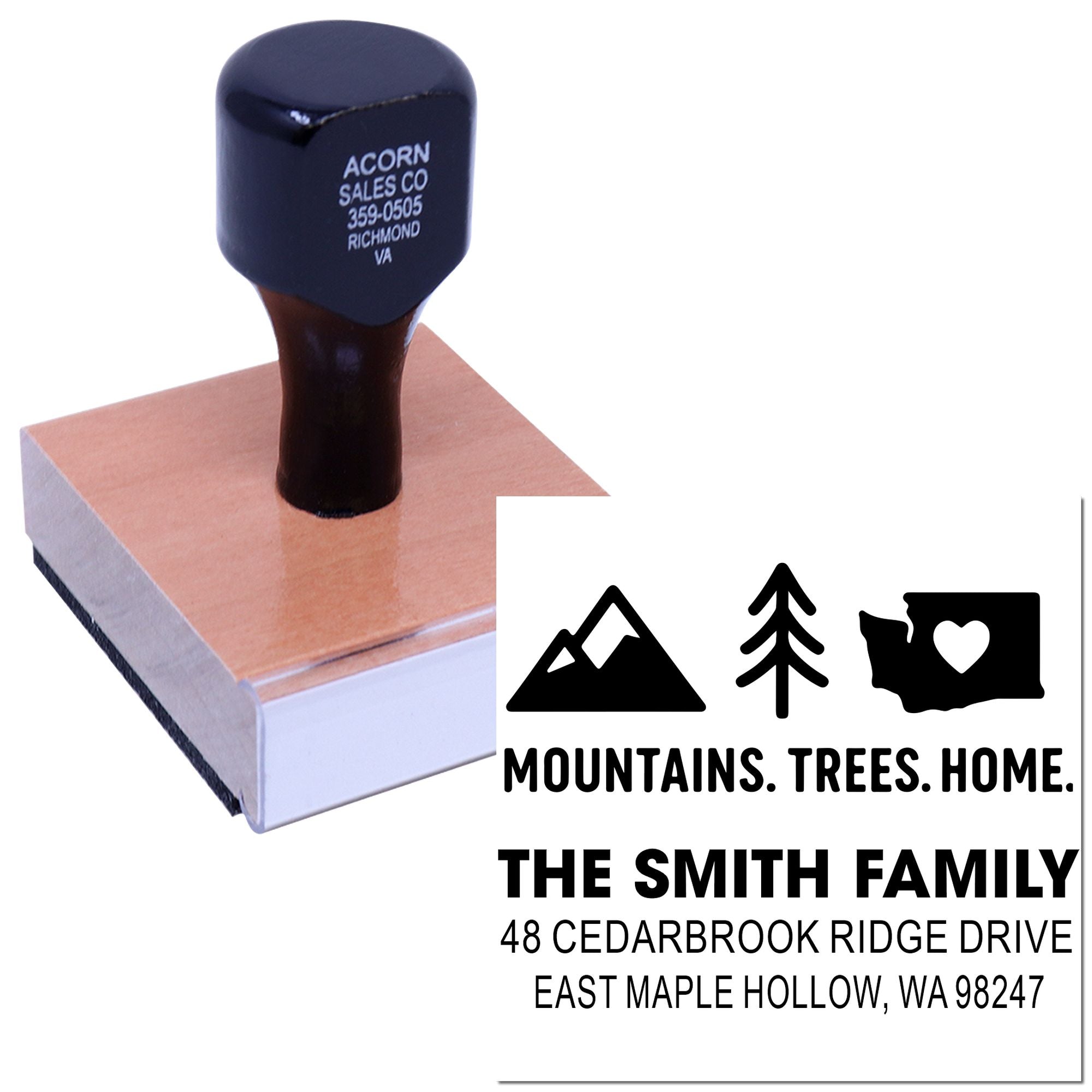 Custom self-inking address stamp with mountain, tree and home icons on white background, showing The Smith Family return address design.