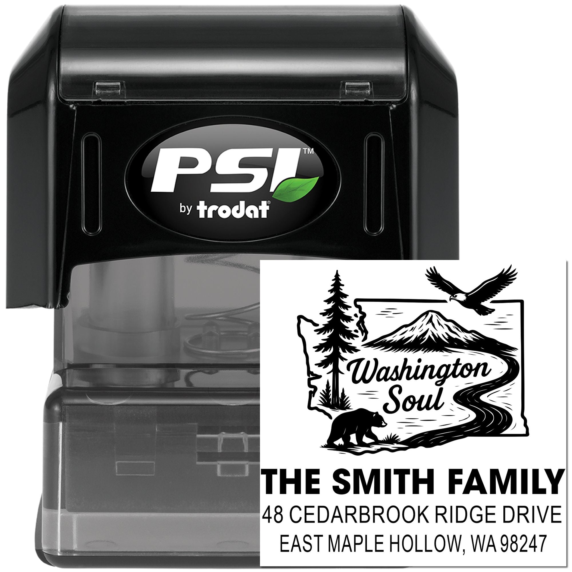 PSI by Trodat self-inking custom address stamp with Washington state design, family name, and address on a white background.