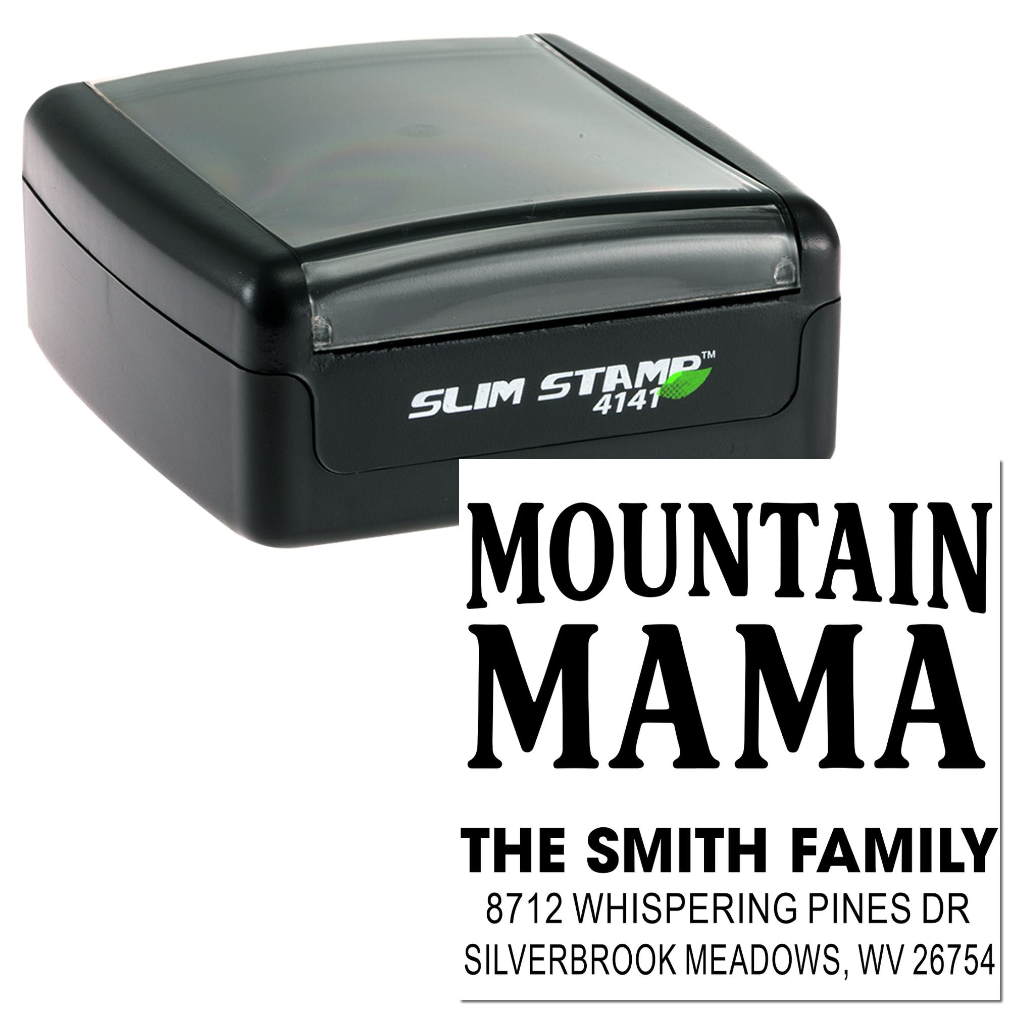Black self-inking address stamp with MOUNTAIN MAMA and Smith family address imprint on a white background.