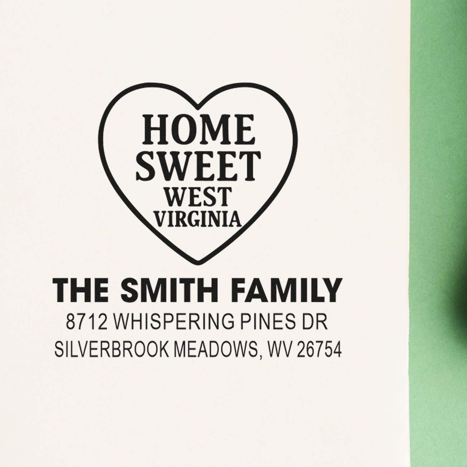 Personalized return address stamp with heart design, Home Sweet West Virginia, The Smith Family, and Silverbrook Meadows, WV address.