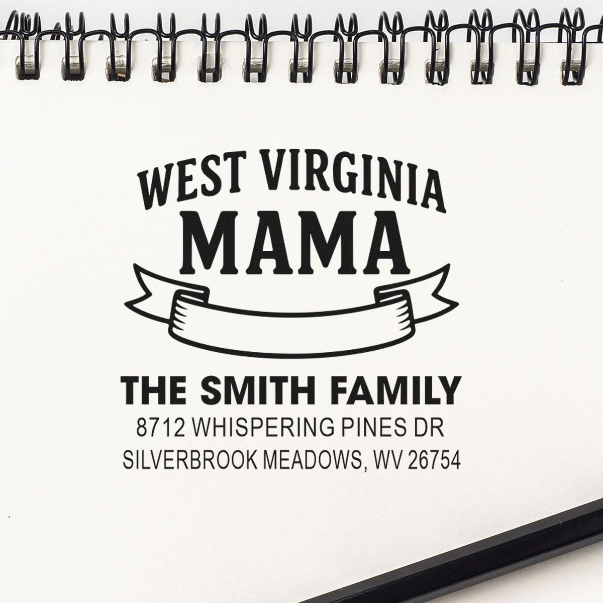Personalized West Virginia Mama address stamp for The Smith Family, with ribbon graphic and Silverbrook Meadows, WV return address.