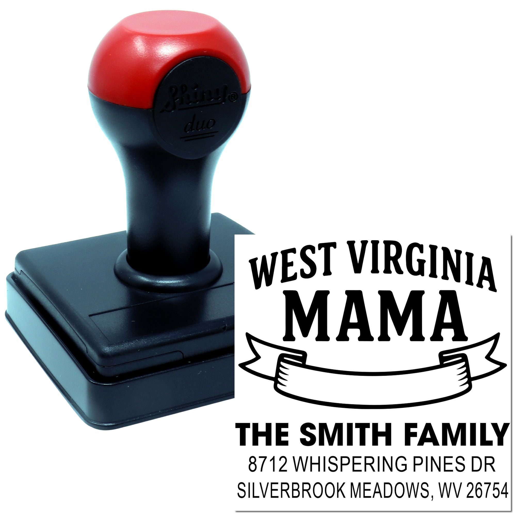 Custom self-inking West Virginia Mama address stamp with The Smith Family, ribbon graphic, and Silverbrook Meadows, WV address.