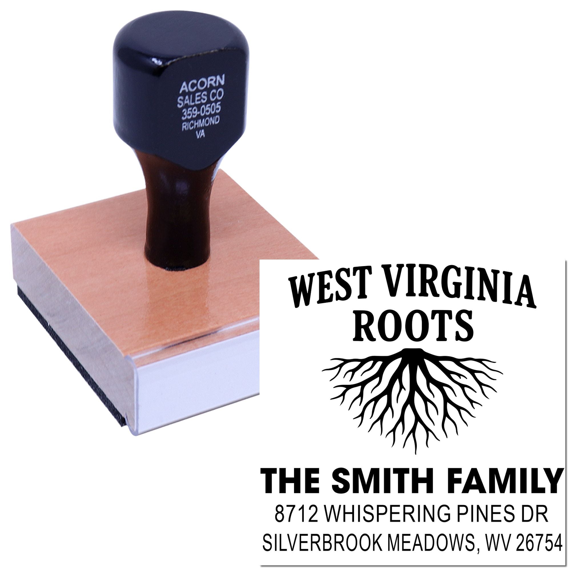 Custom self-inking address stamp on white background, printing West Virginia Roots with tree roots graphic and The Smith Family return address.