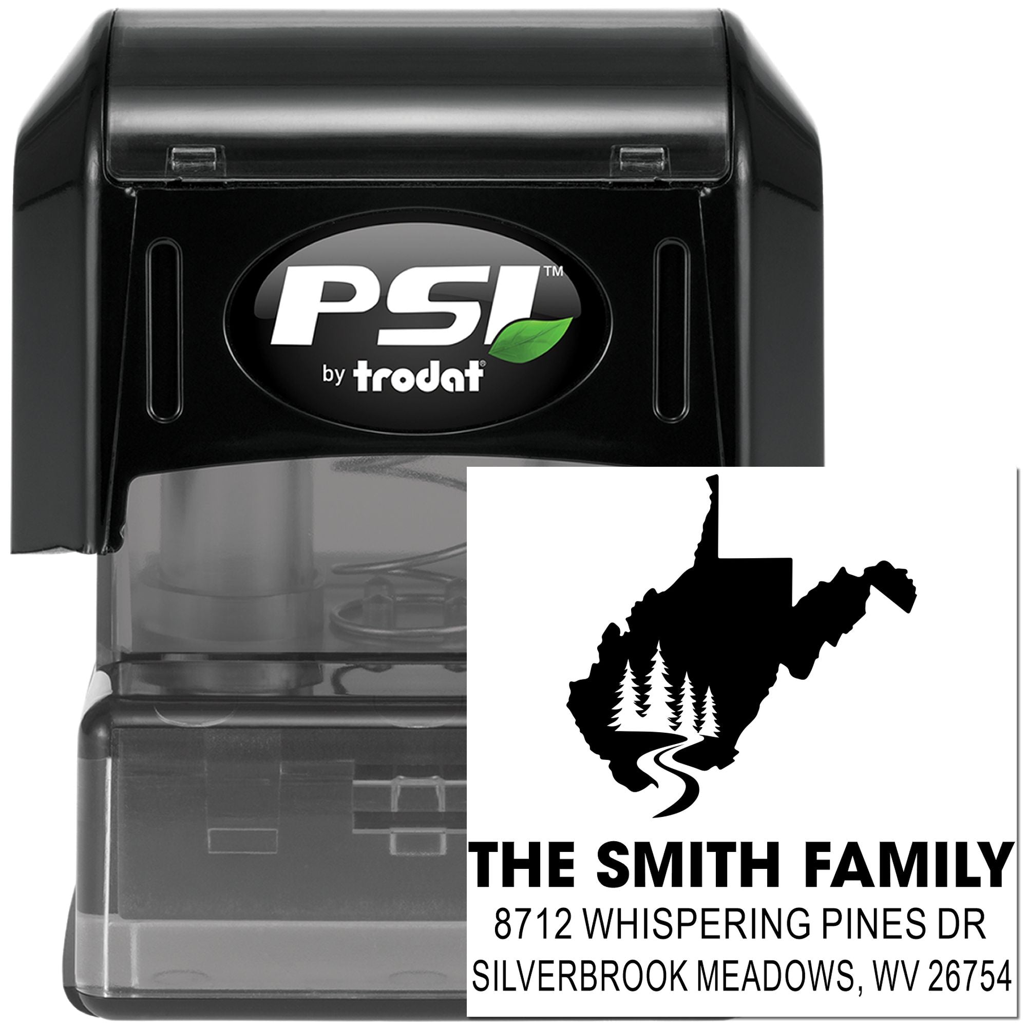 PSI by Trodat self-inking address stamp with West Virginia silhouette, pine trees, and The Smith Family custom return address.