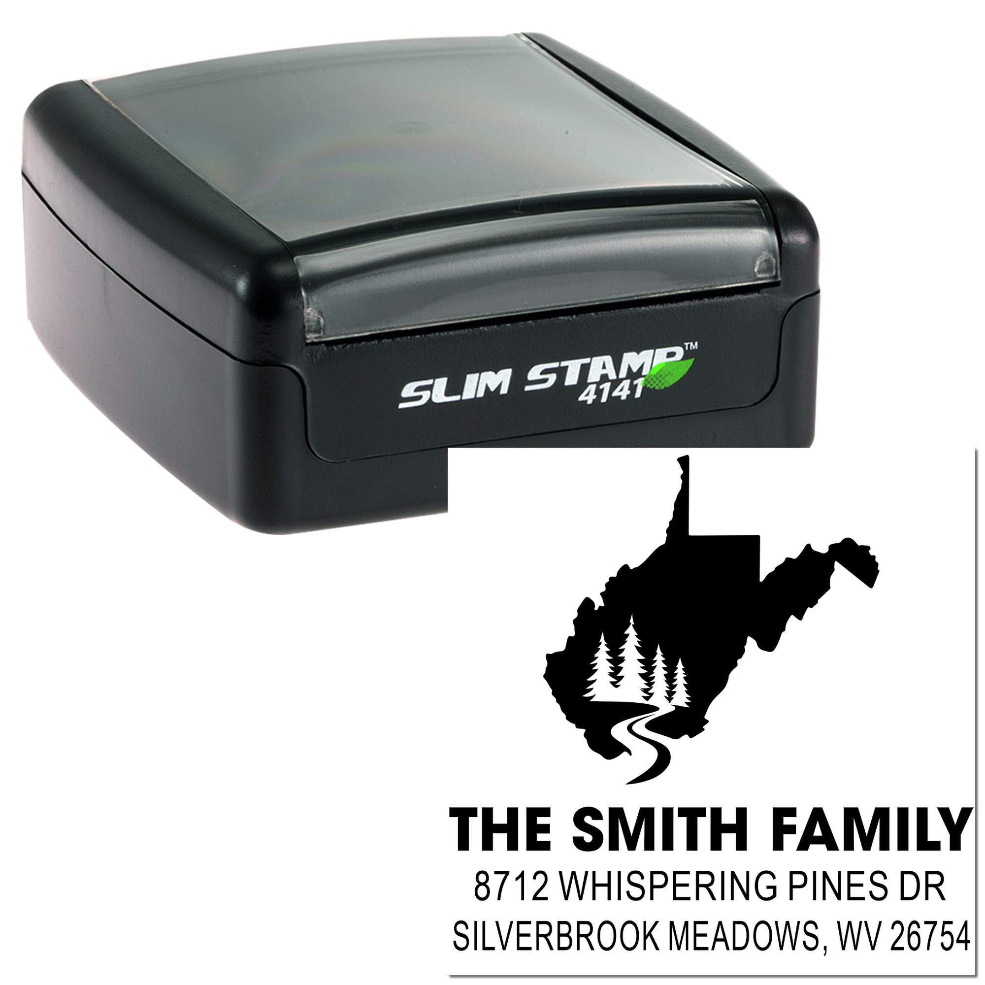 Custom self-inking address stamp with West Virginia silhouette and pine trees, showing The Smith Family name and Silverbrook Meadows, WV address.