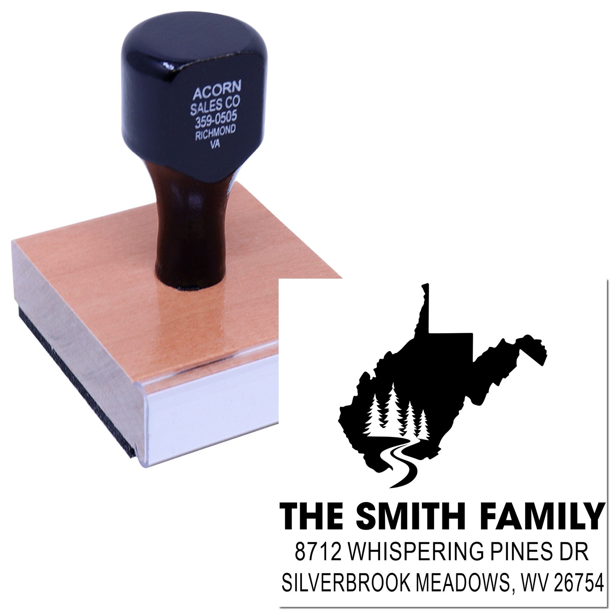 Custom family address stamp with West Virginia silhouette and pine trees, shown on a stamp block with a sample imprint for The Smith Family.