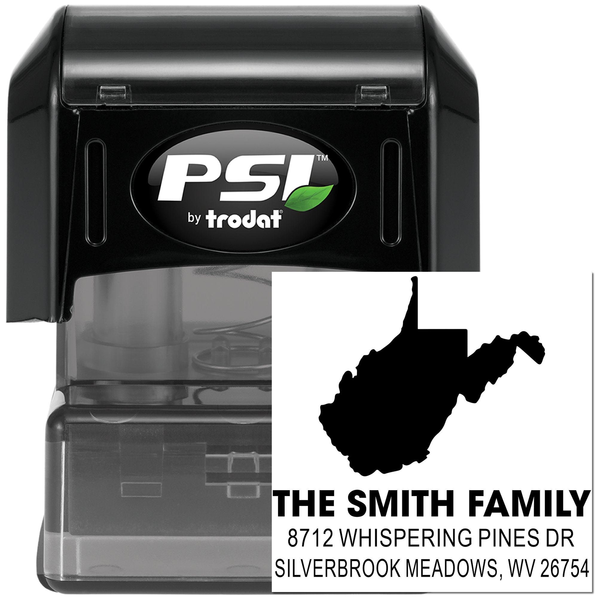 PSI by Trodat self-inking address stamp with West Virginia silhouette and The Smith Family return address on a clear stamp case.