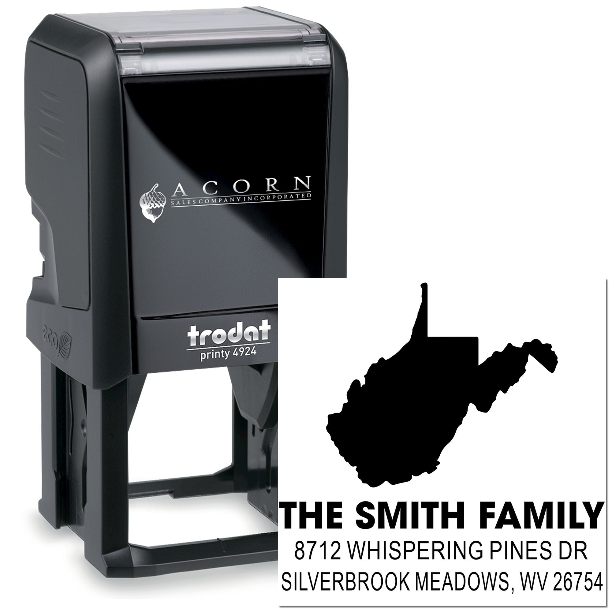 Custom self-inking Trodat address stamp with West Virginia silhouette, The Smith Family name, and return address on white background.