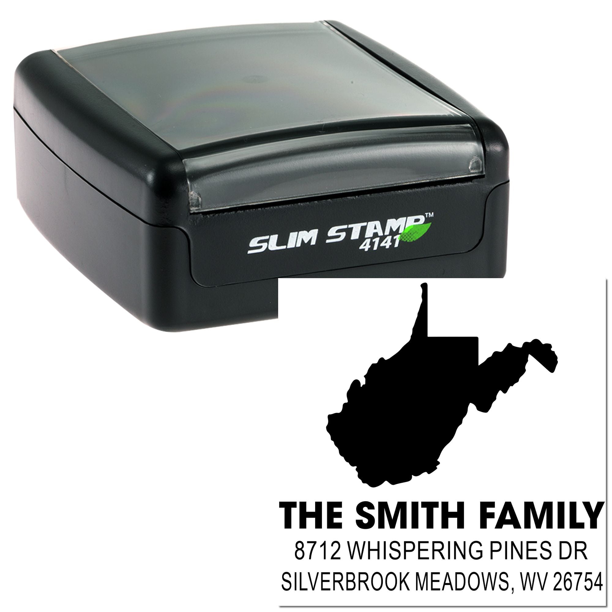 Slim self-inking address stamp with West Virginia silhouette, showing custom The Smith Family return address imprint on a white background.