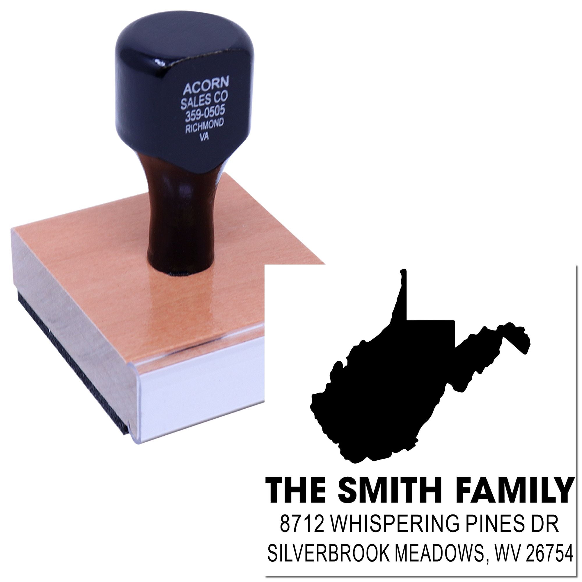Custom address stamp with West Virginia silhouette, The Smith Family name and address, shown pressed on a wooden block.