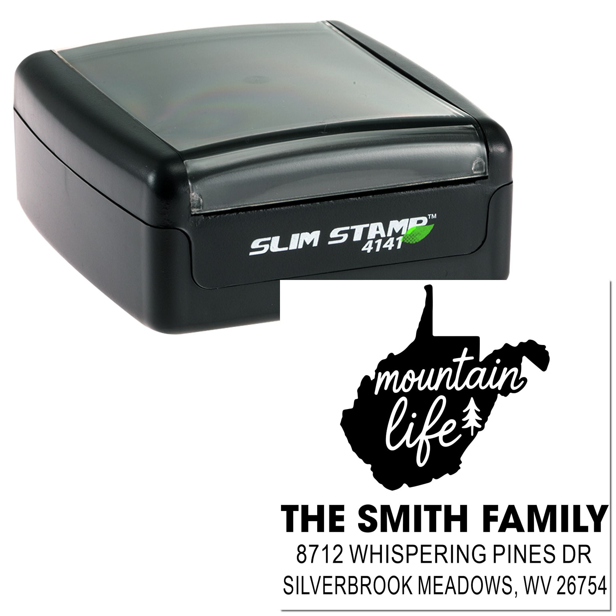 Slim Stamp 4141 self-inking address stamp with Mountain Life design, featuring The Smith Family and Silverbrook Meadows, WV address on white background.