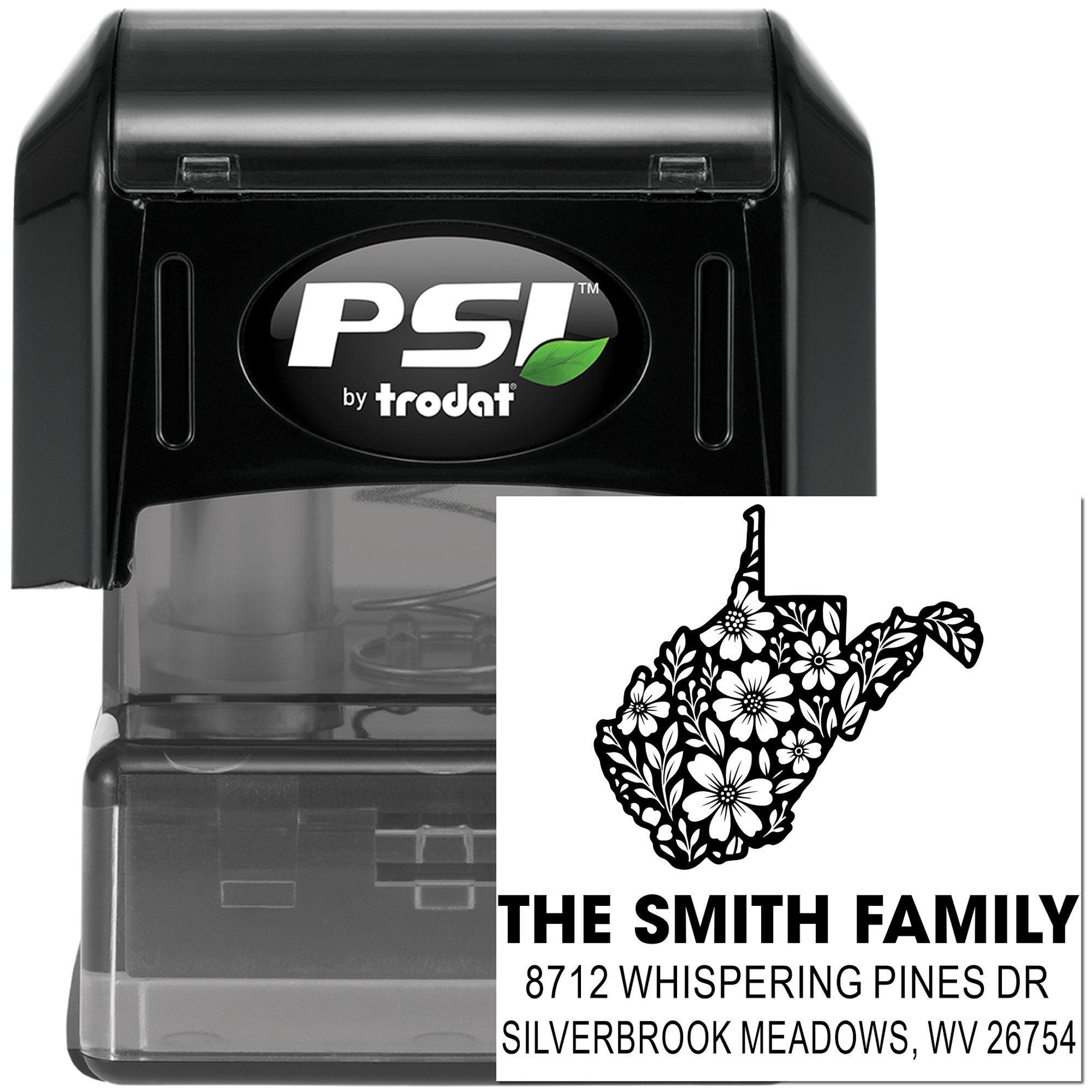 Custom PSI by Trodat self-inking address stamp with floral West Virginia design, The Smith Family name, and Silverbrook Meadows, WV address.